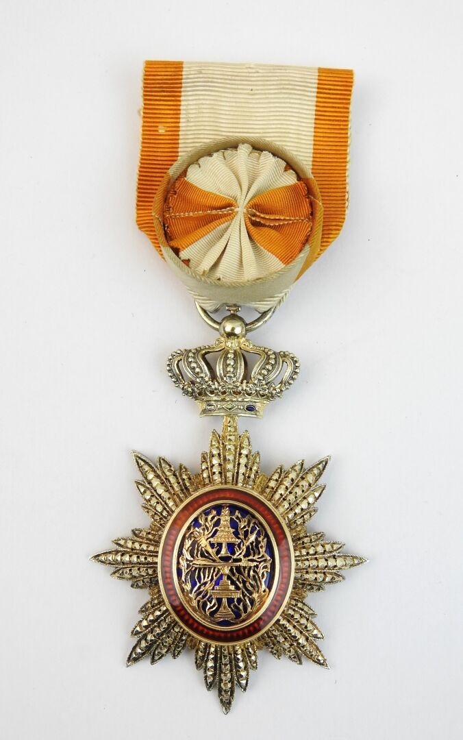 Null 柬埔寨。皇家勋章，银质、镀金和珐琅的军官之星，及其第二类（1899）白色带橙色条纹的绶带，野猪标志，直径52毫米，毛重：30克。TBE