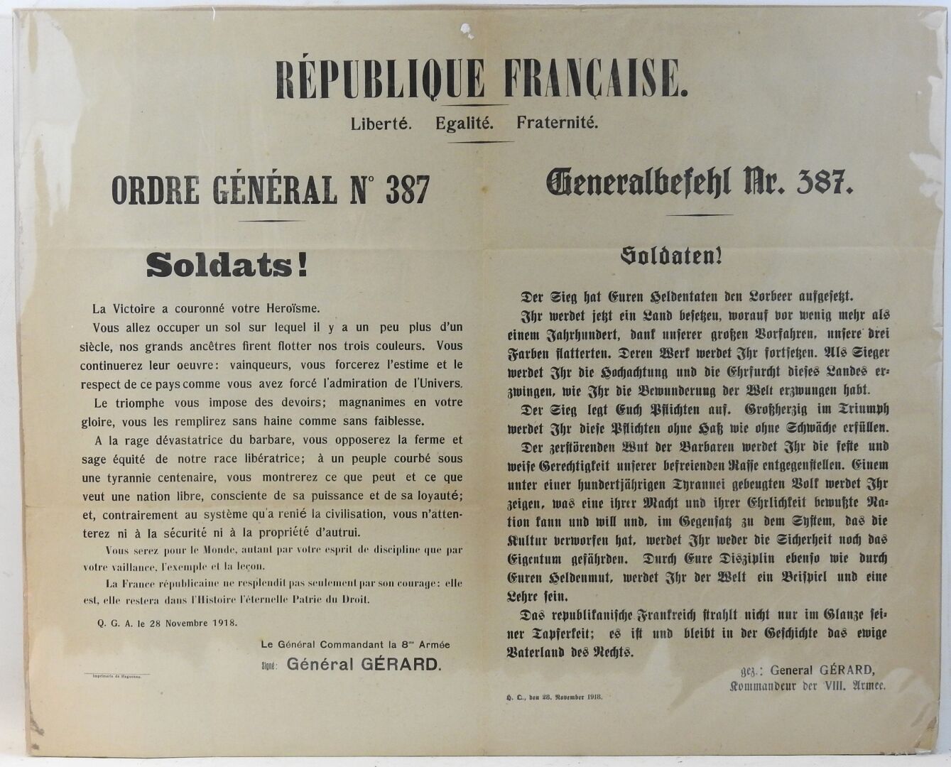 Null 海报。"第8军军长热拉尔将军的第387号总命令"，用法语和德语书写，与1918年胜利后占领德国有关，日期为1918年11月28日，没有背胶，60 X &hellip;