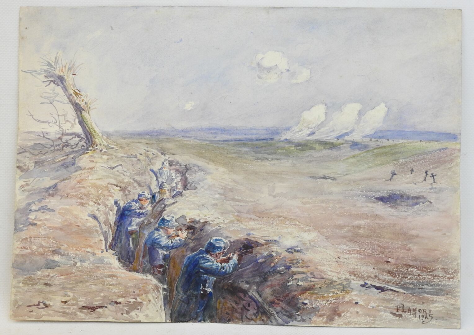 Null FLAMORT A. "Scène de tranchée, 1915" aquarelle , SBD, datée 1915, 24 X 34 c&hellip;