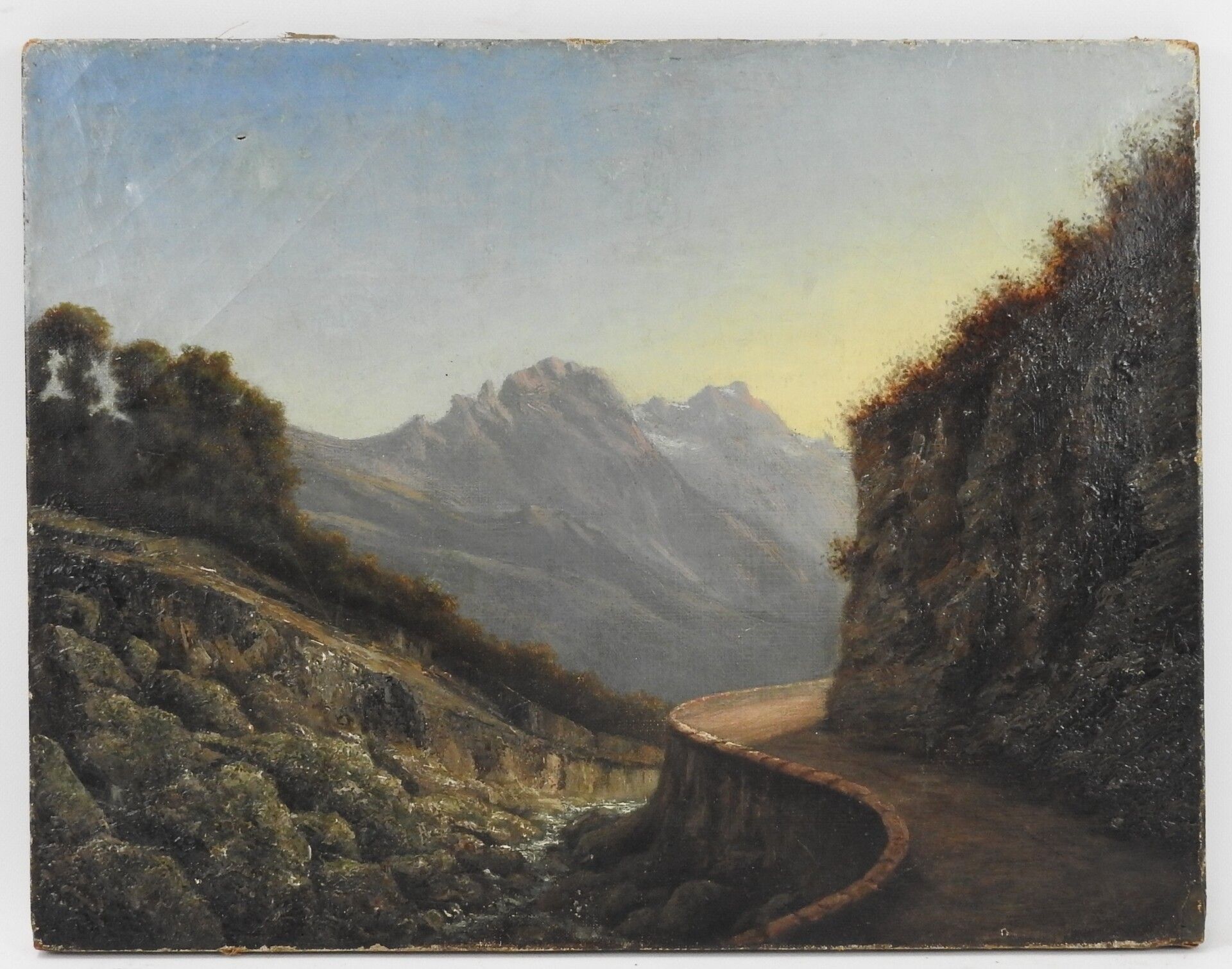 Null 19世纪的学校。山路。布面油画，46 x 60厘米。(事故、修复、小缺）。)