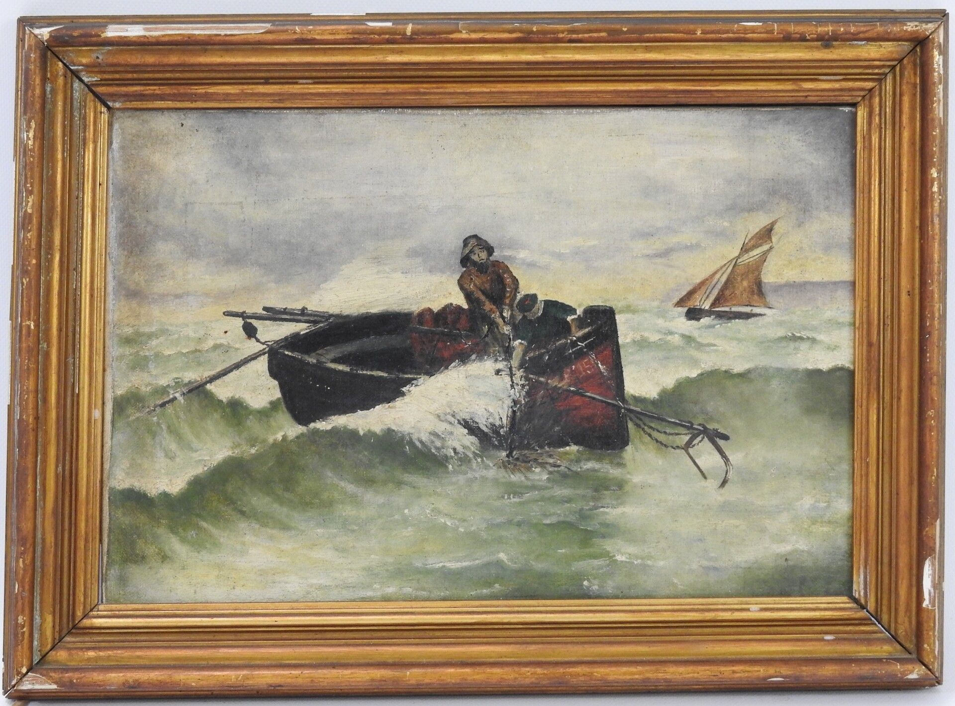 Null 第十世纪的学校。渔民的船。布面油画，27 x 41厘米。