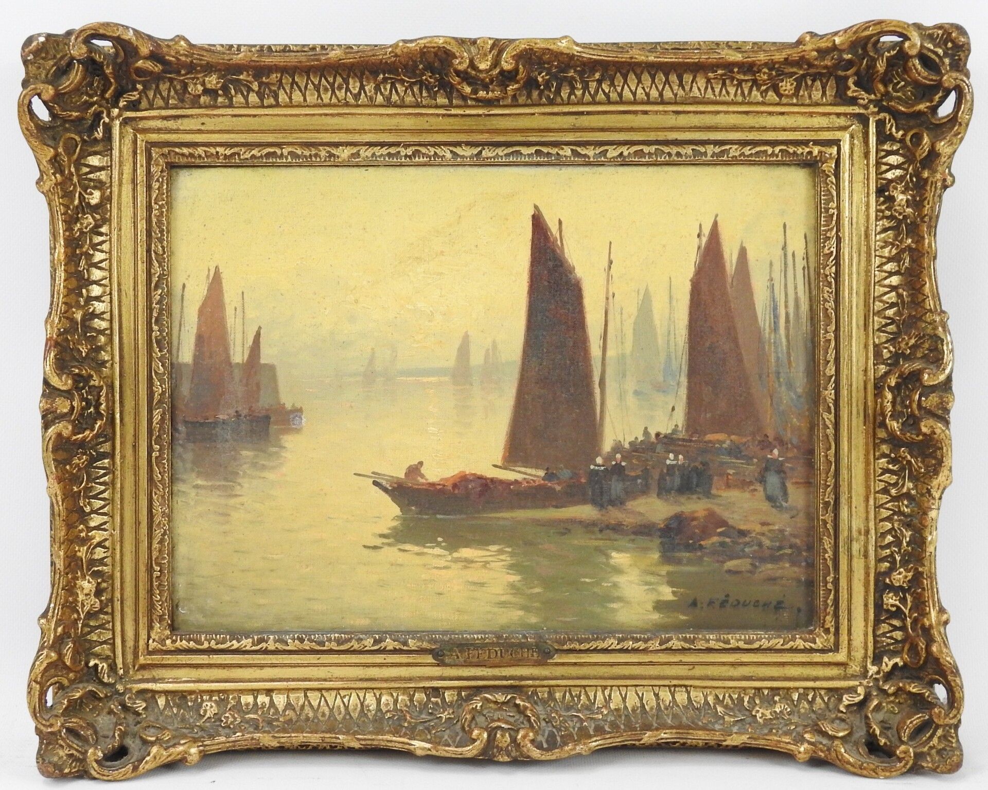 Null A.FEDUCHE（20岁）。港口的渔船。布面油画。右下方有签名。24 x 33,5 cm。