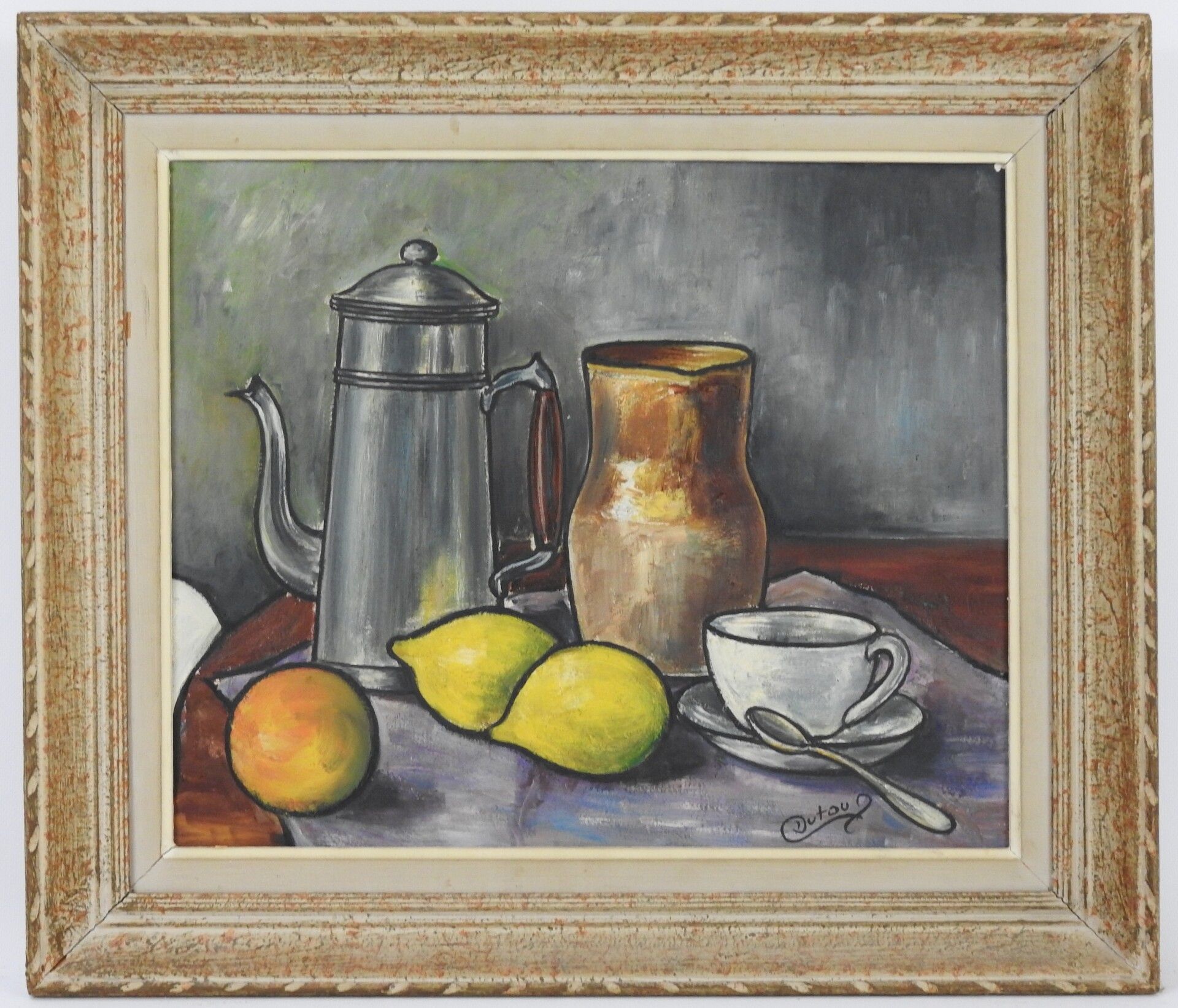Null DUTOUX (XXth). Still life with lemons and coffee pot. Oil on cardboard. Sig&hellip;