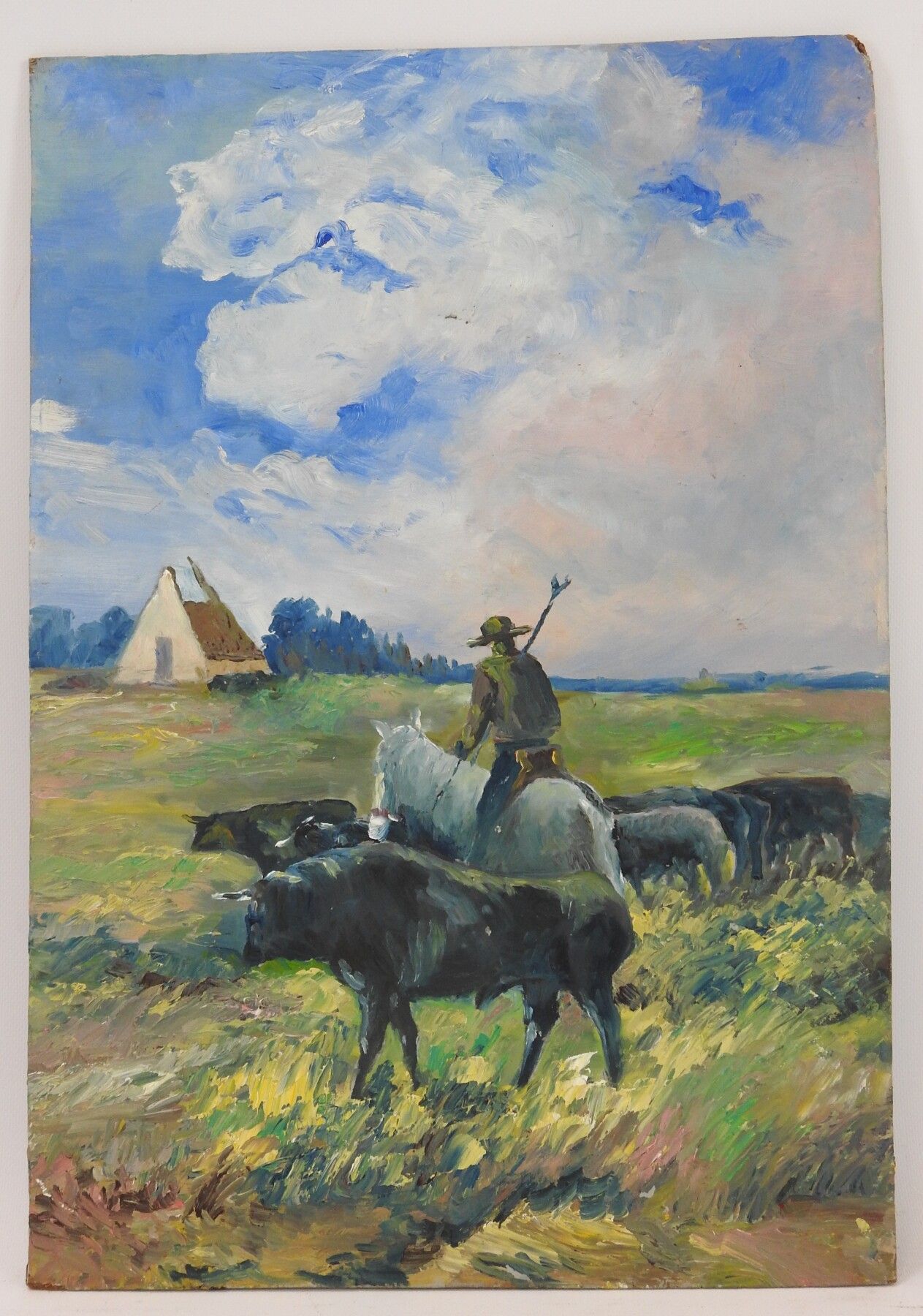 Null Camargue-Landschaft mit Stieren. Öl auf Isorel. 55 x 38 cm.