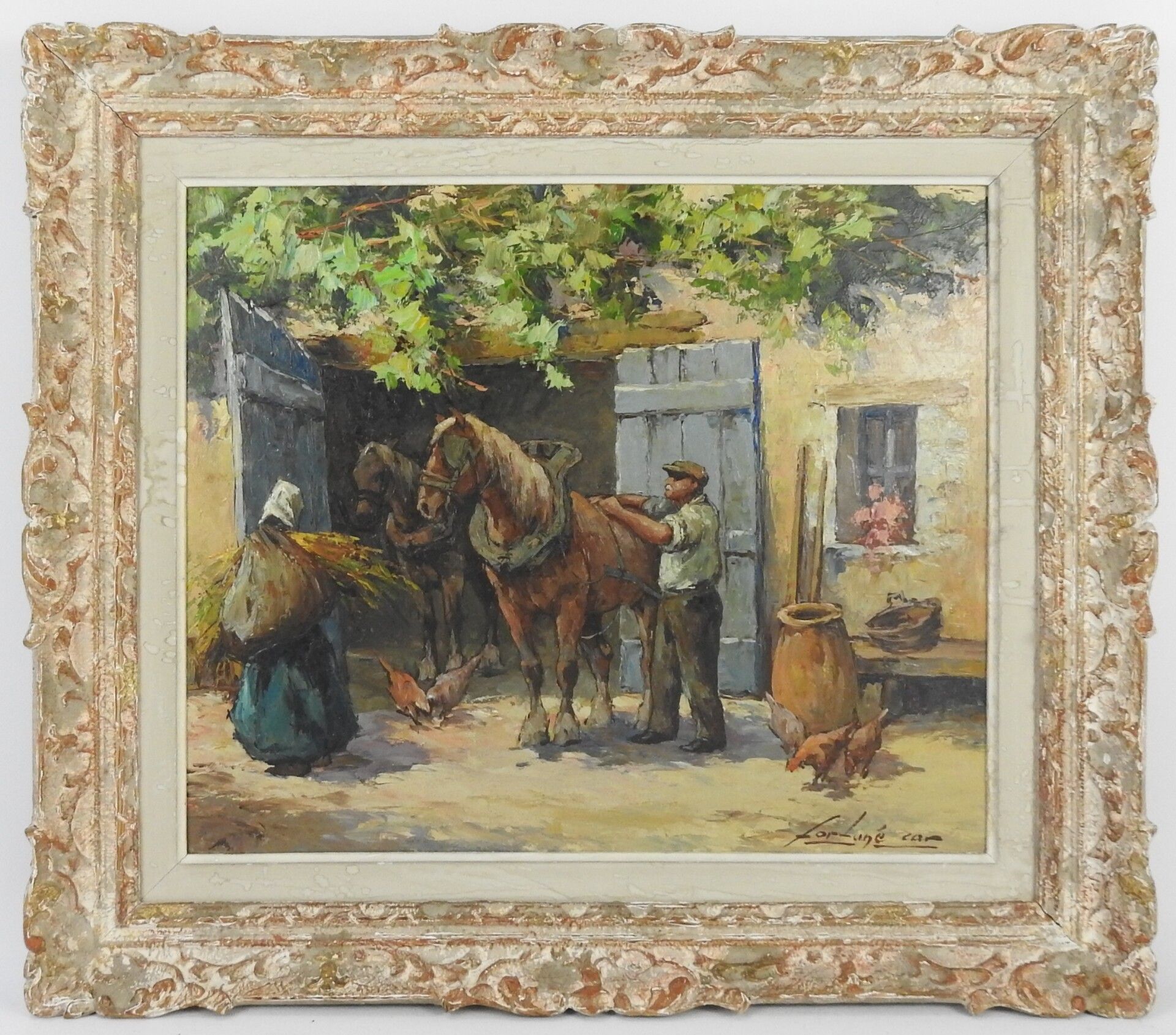 Null Fortuné CAR（1905-1970）：两匹马和农民。油在伊索尔上。右下方有签名。46 x 55厘米。