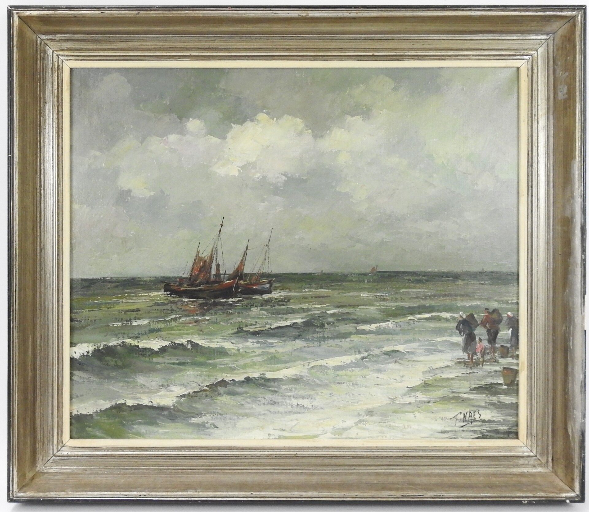 Null F. NAES (XXème). Pêche à marée haute. Huile sur toile. Signé en bas à droit&hellip;