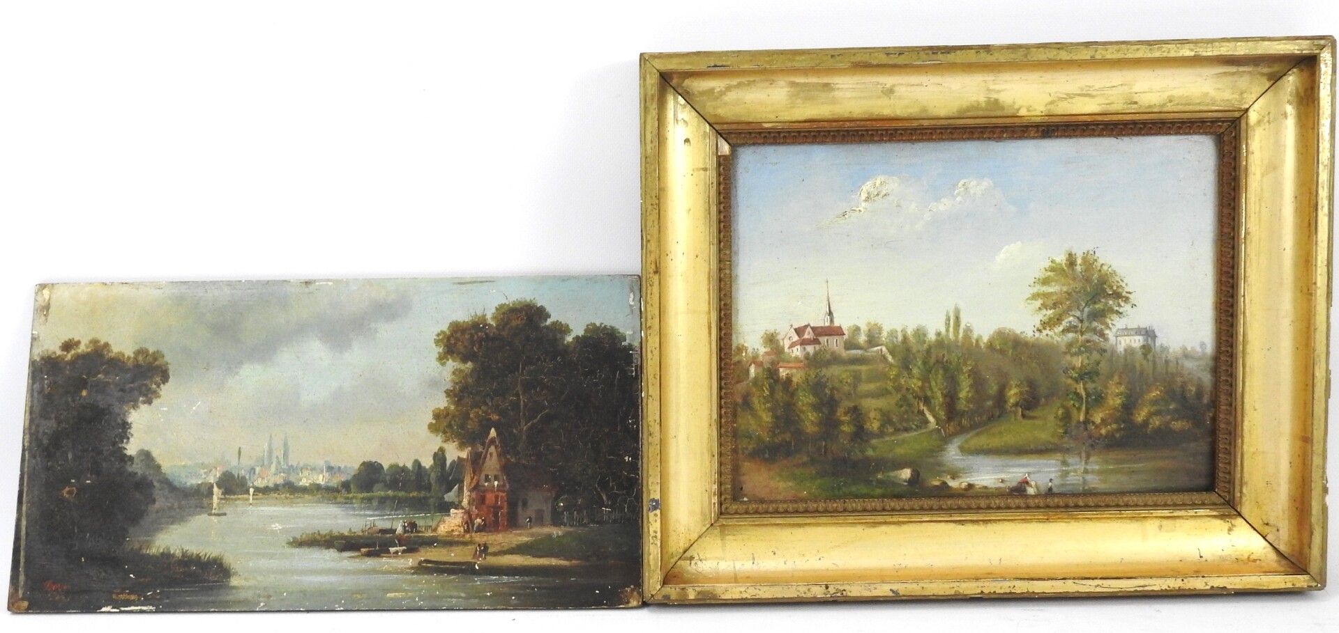 Null 拍品包括：第十九期学校。莱茵河的景色。板上油彩。签名为Bovy。22 x 41厘米。(穿）和19世纪的学校。悬挂在河边的教堂。布面油画，25 x 32&hellip;