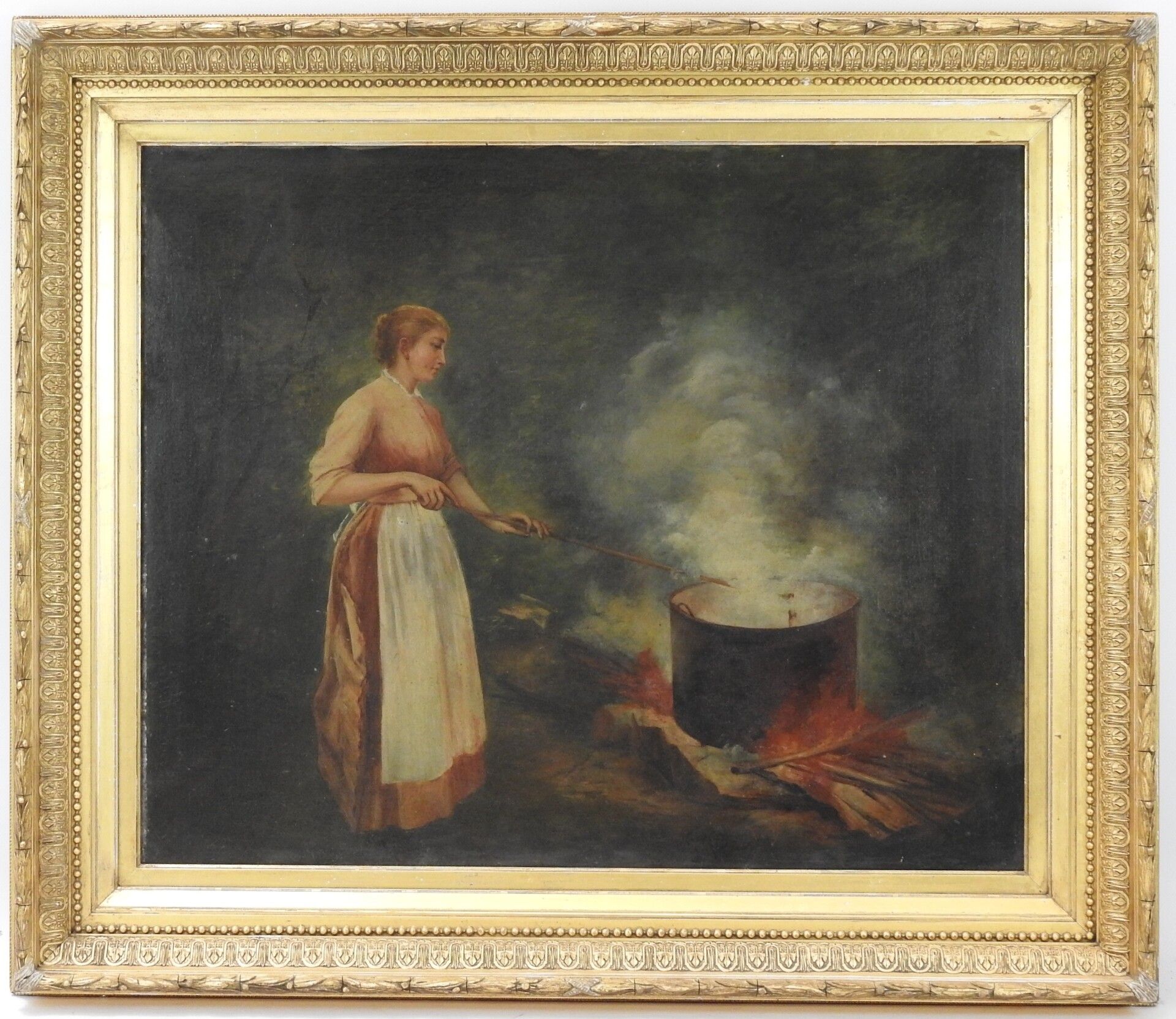 Null L. FERY（19世纪）。女人和大锅。布面油画。右下方有签名。58 x 71 cm。