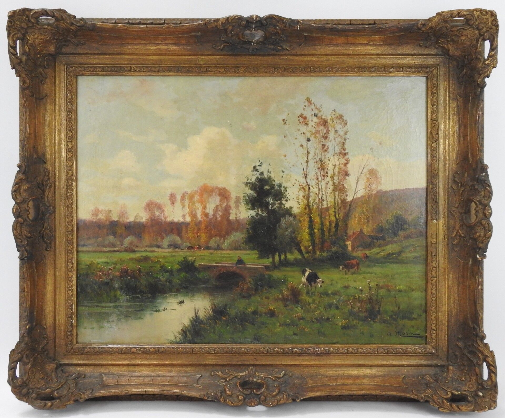Null A.莫林（第十九次）。有渔民和牛的风景。布面油画。右下方有签名。51 x 65 cm。装框。