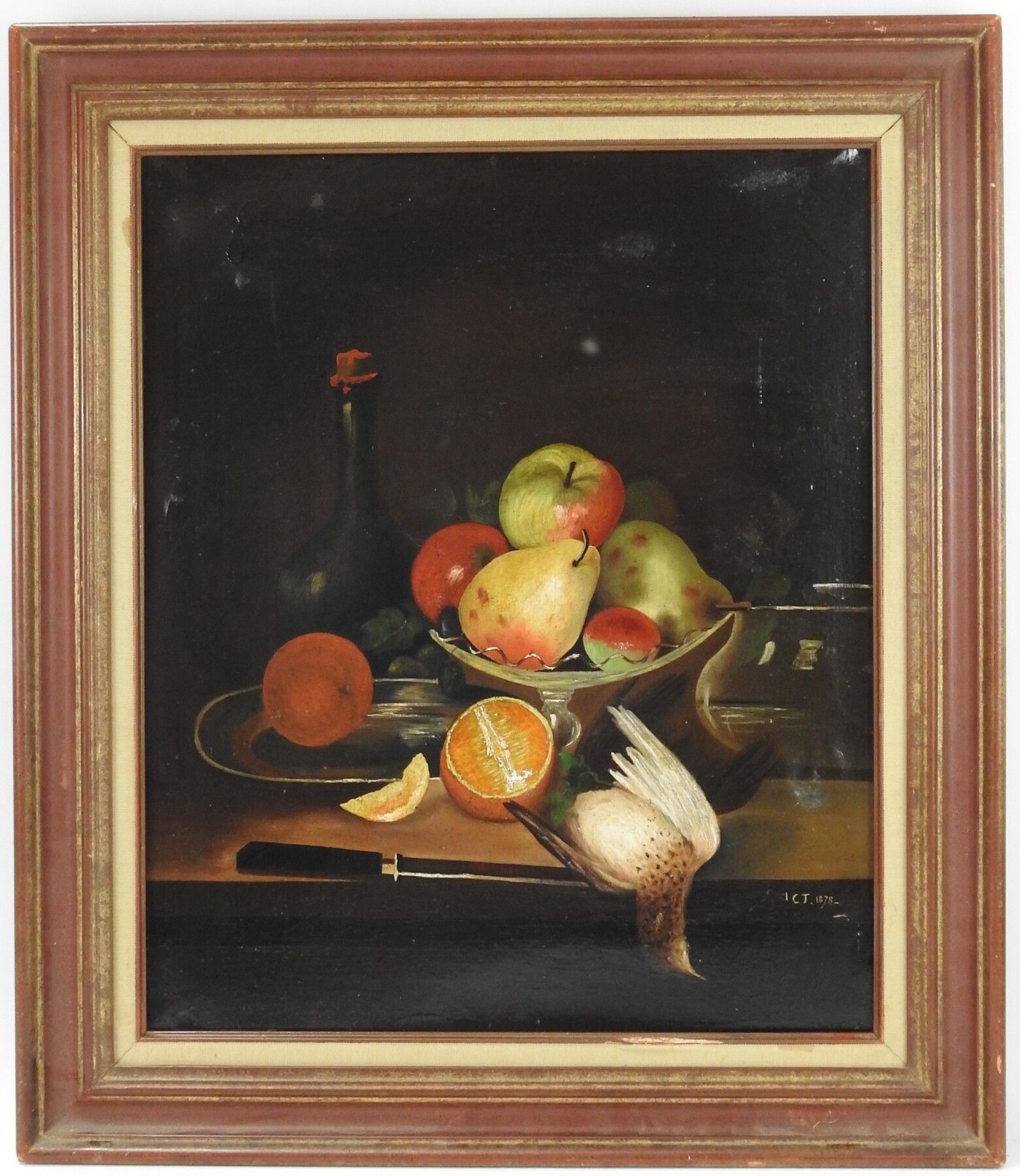 Null 19世纪的法国学校。水果和鹅口疮的静物画。布面油画。右下角有签名，日期为1878年，65 x 53厘米。(修复)