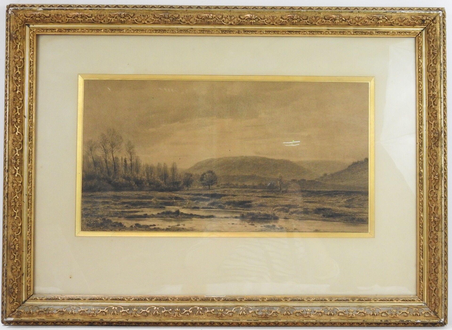 Null L. PINION (XIXth). Landscape in the marsh. Charcoal. Signed lower left. 28 &hellip;