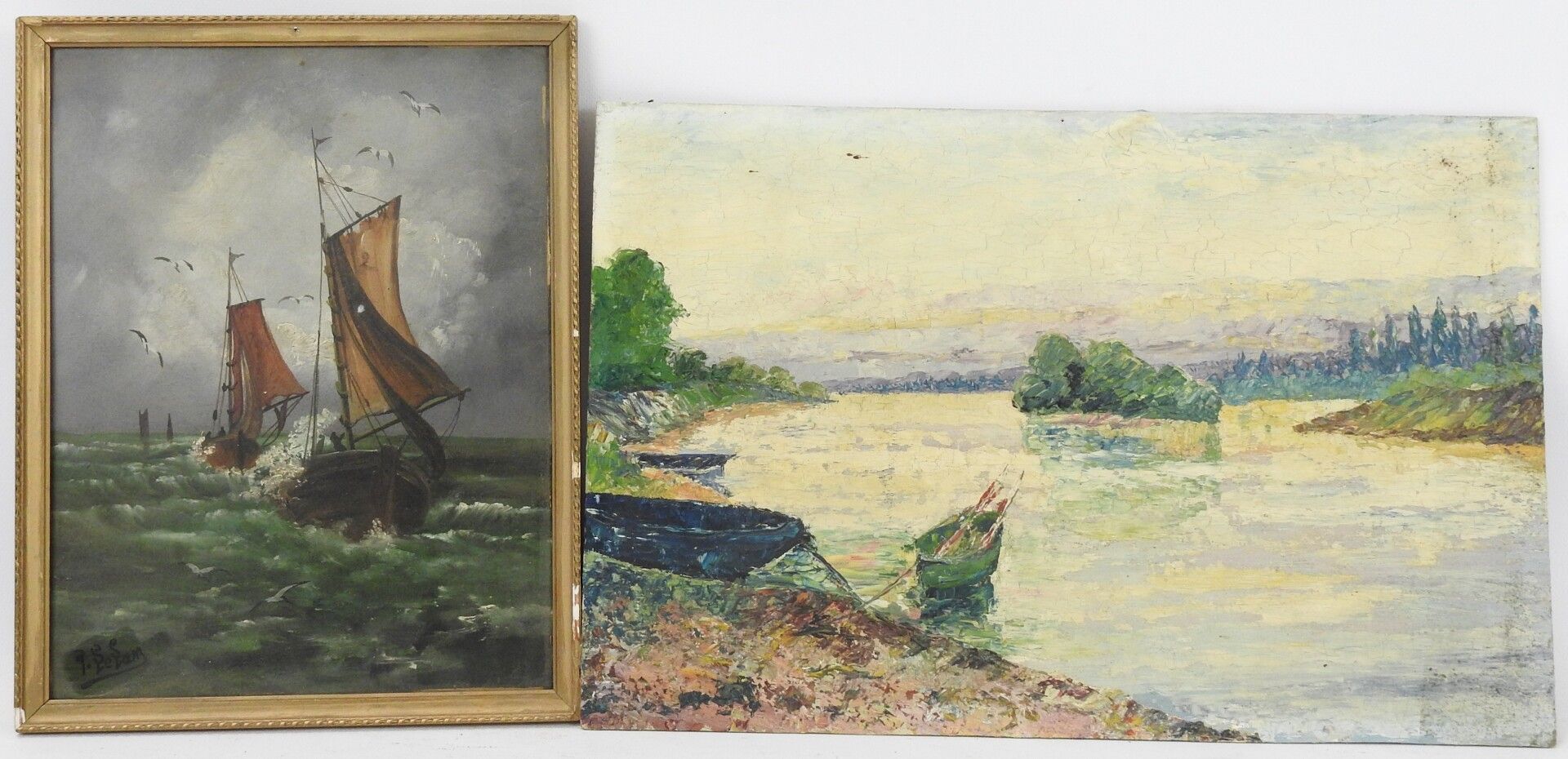 Null R.LELAN（20岁）。海上的船舶。纸板上的油彩。左下方有签名。34 x 27厘米。一幅油画，河岸。32,5 x 50厘米。