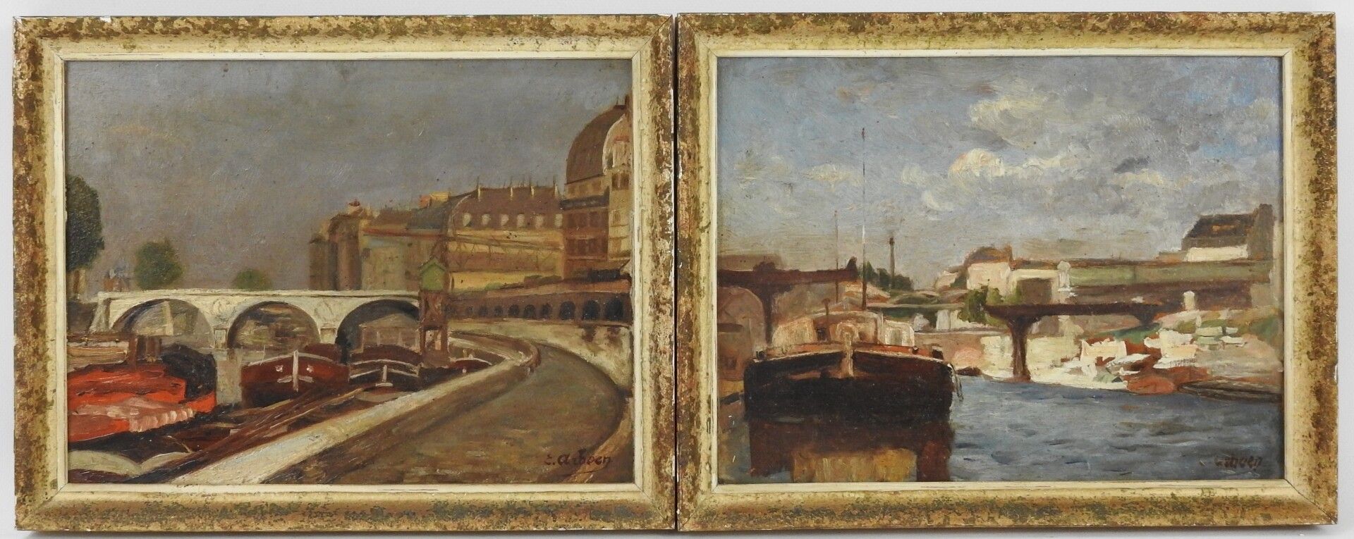 Null E.ARBOEN（第十九至二十届）。巴黎的码头。纸板上的一对油彩。右下方有签名。24,5 x 32 cm。