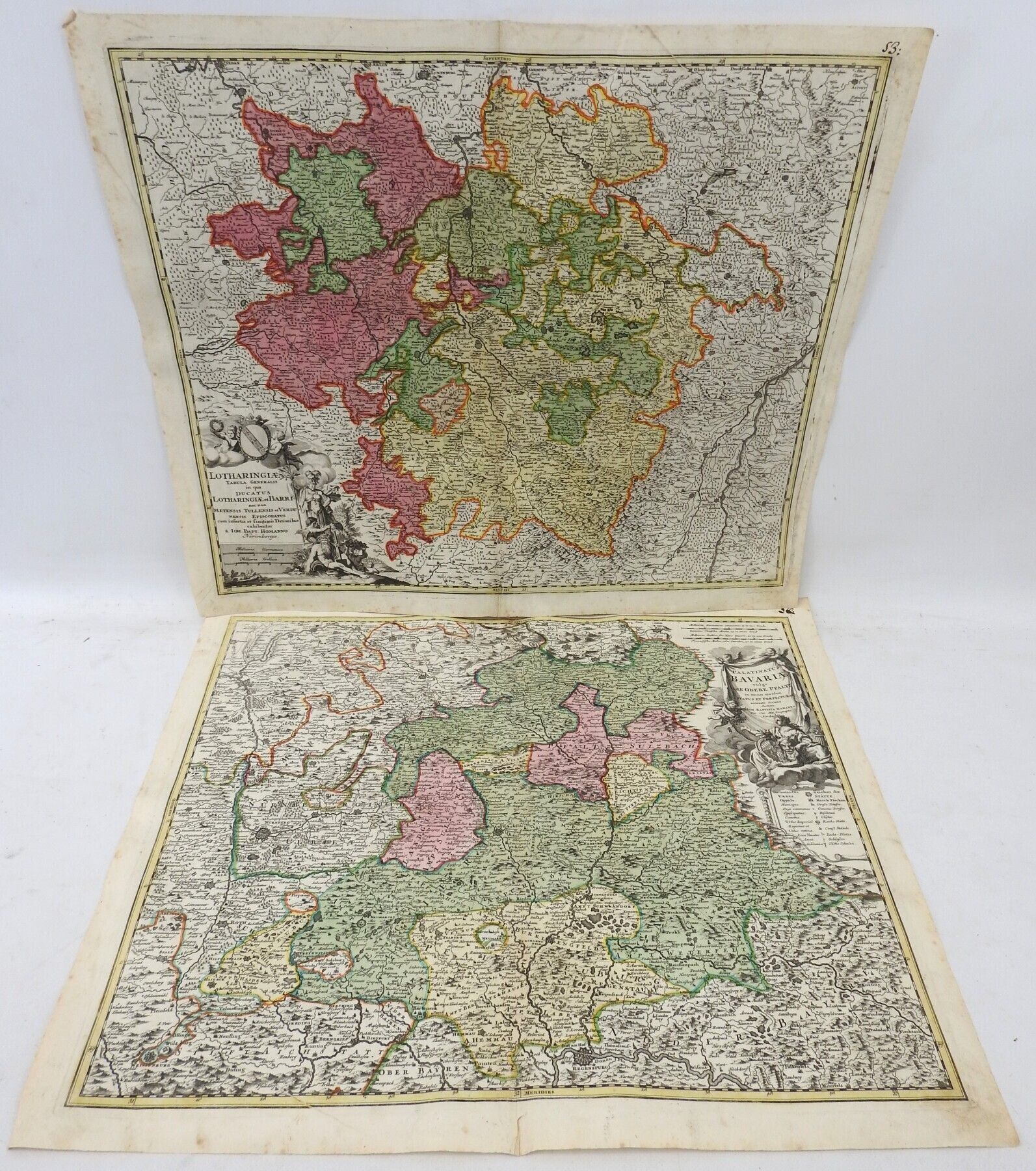 Null 两张地图 18世纪：Johann HOMANN（1664-1724）：Lotharingia和Bavaria。加强版画。53 x 62厘米。磨损，小裂&hellip;