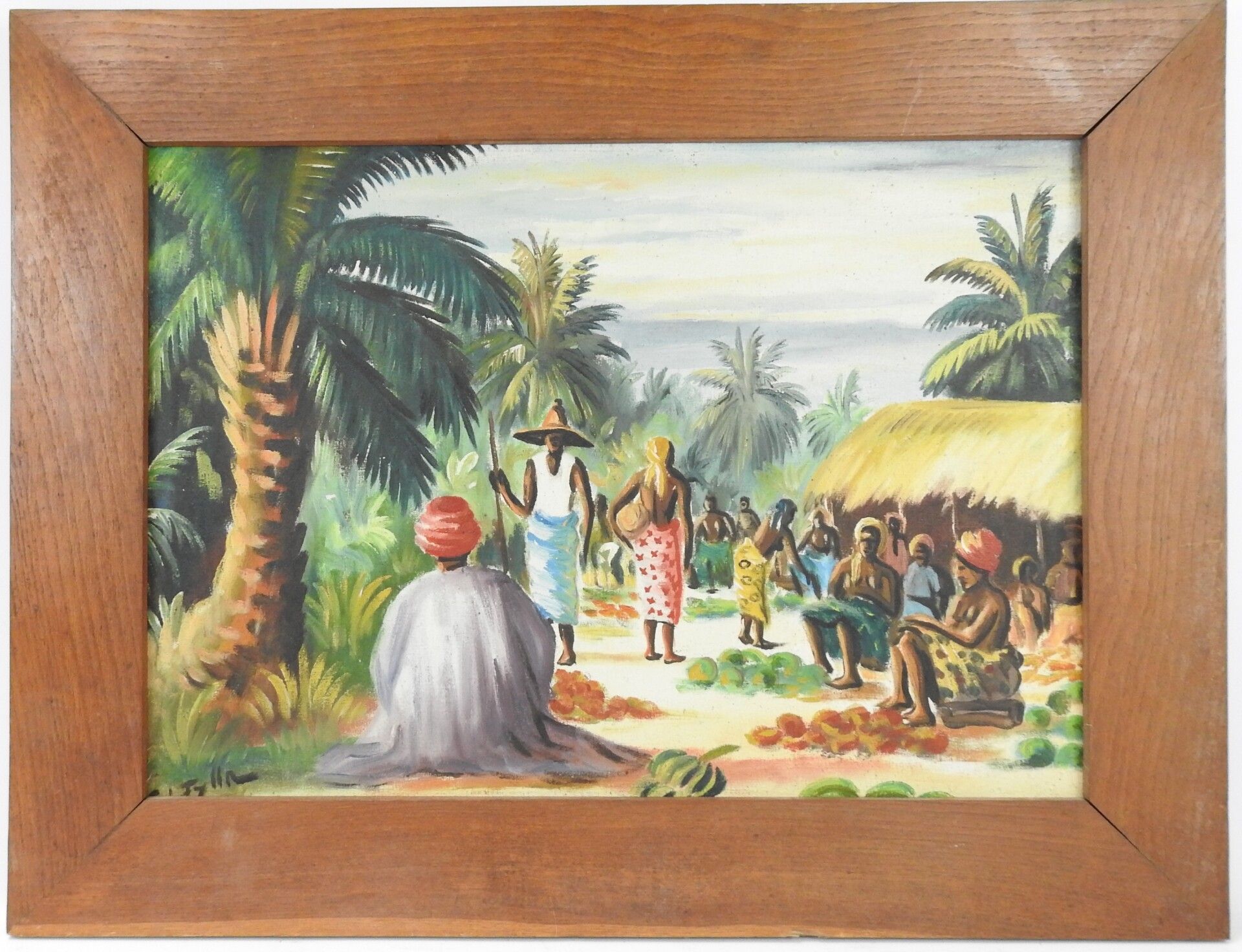 Null 非洲的村庄。布面油画。左下角有签名，有待破译。52,5 x 74 cm。