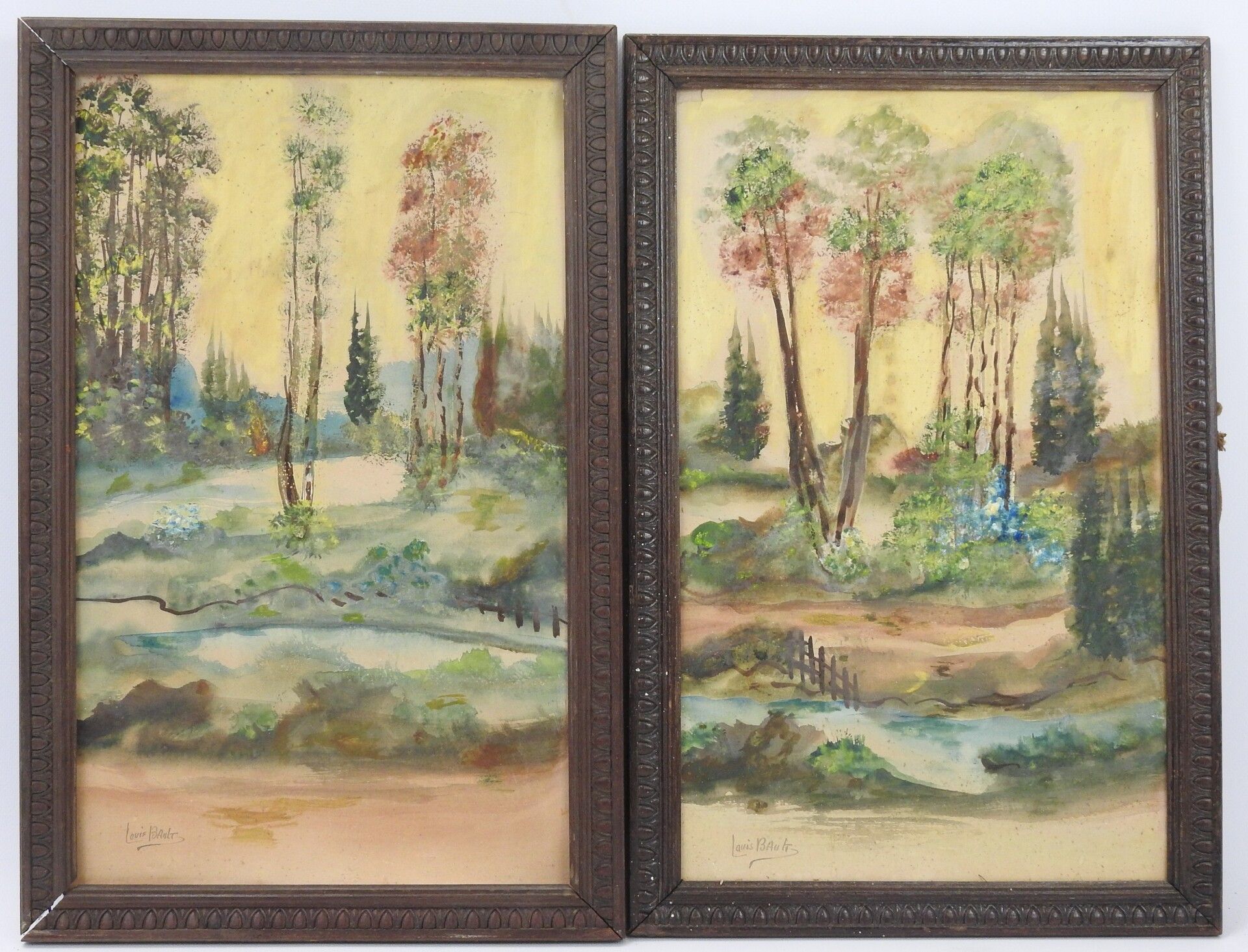 Null Louis BAULT (XIX-XX).景观。两幅水彩画。签名。45 x 28厘米。(小撕裂)。