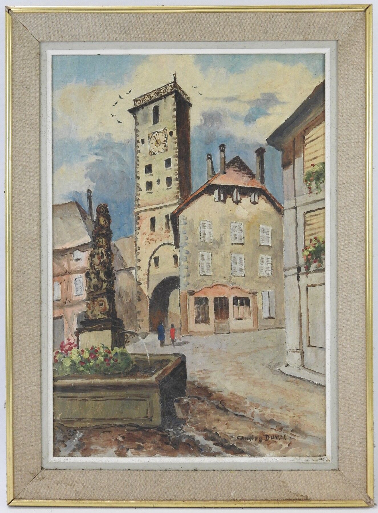 Null 安德烈-杜瓦尔（20世纪）。喷泉。布面油画。右下方有签名。56 x 38,5 cm。