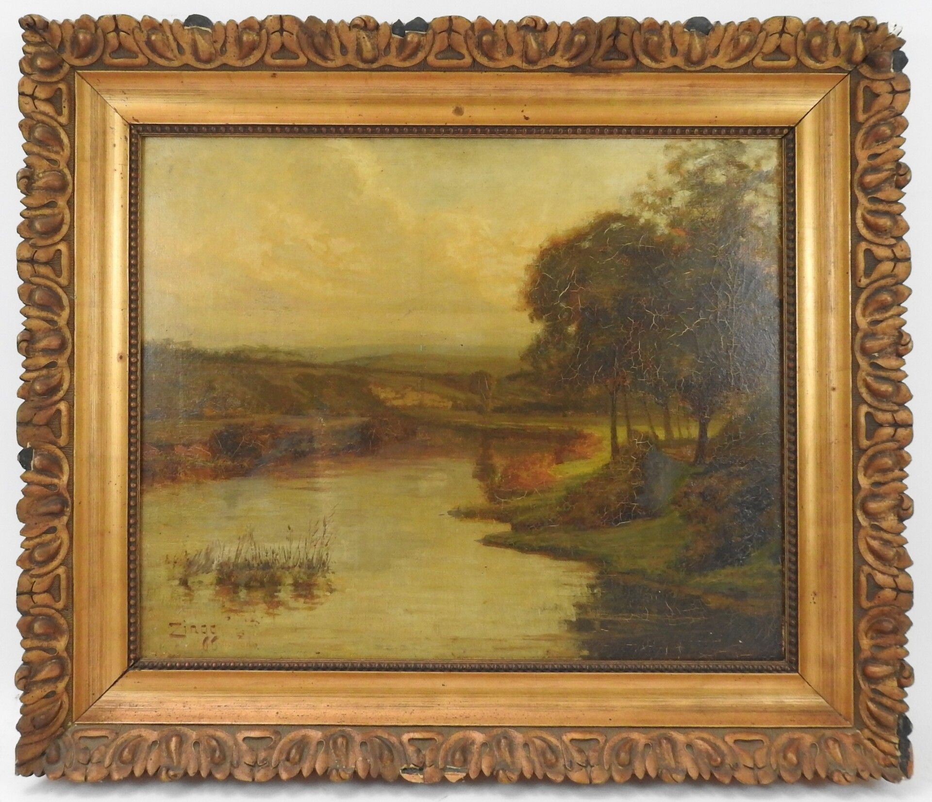 Null ZINGG（19世纪）。湖泊景观。布面油画。左下方有签名。50 x 61 cm。(修复)。