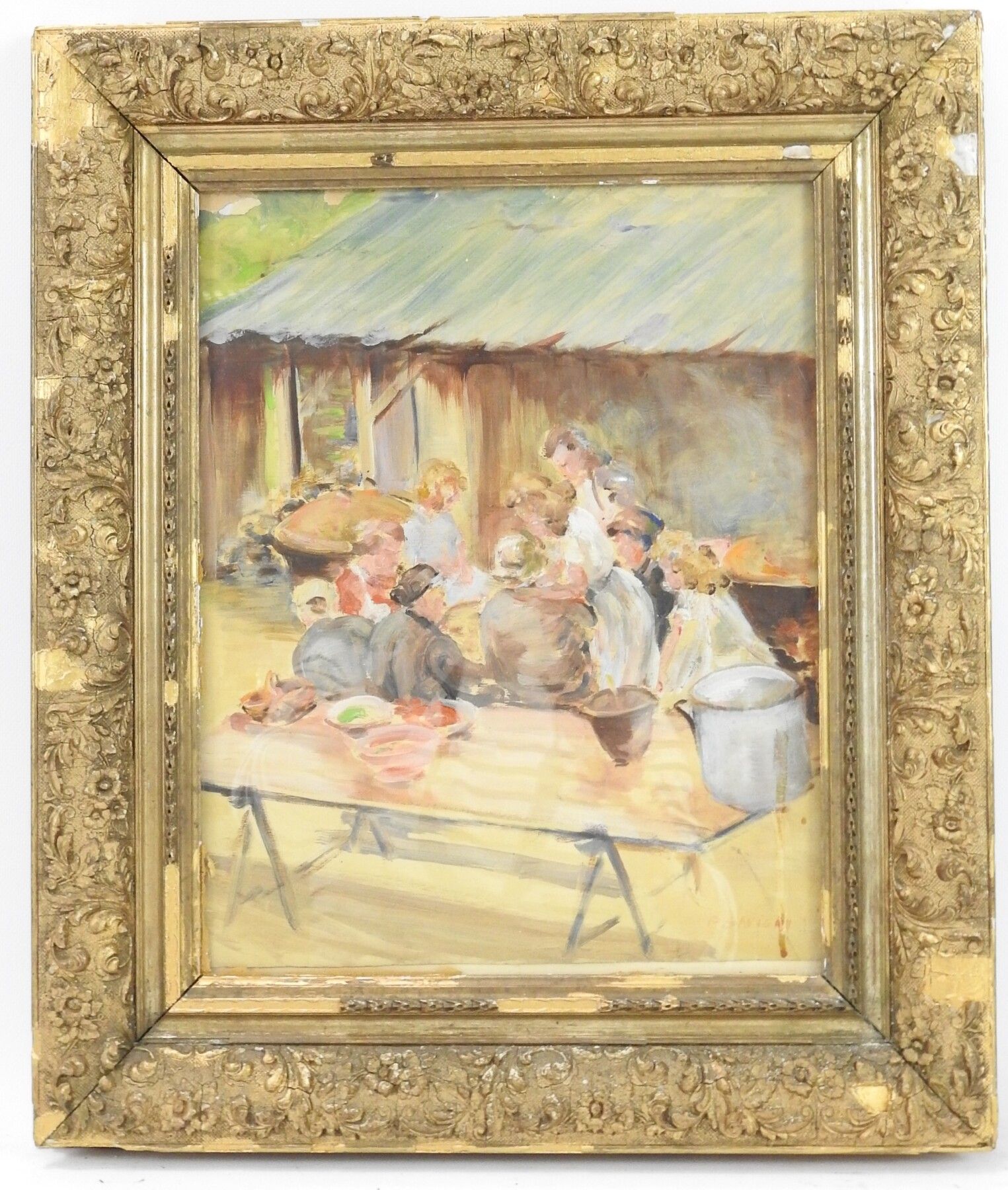 Null P.萨维尼（第二十次）。靠近桌子的儿童。布面油画。右下方有签名。37 x 30厘米。(穿着)