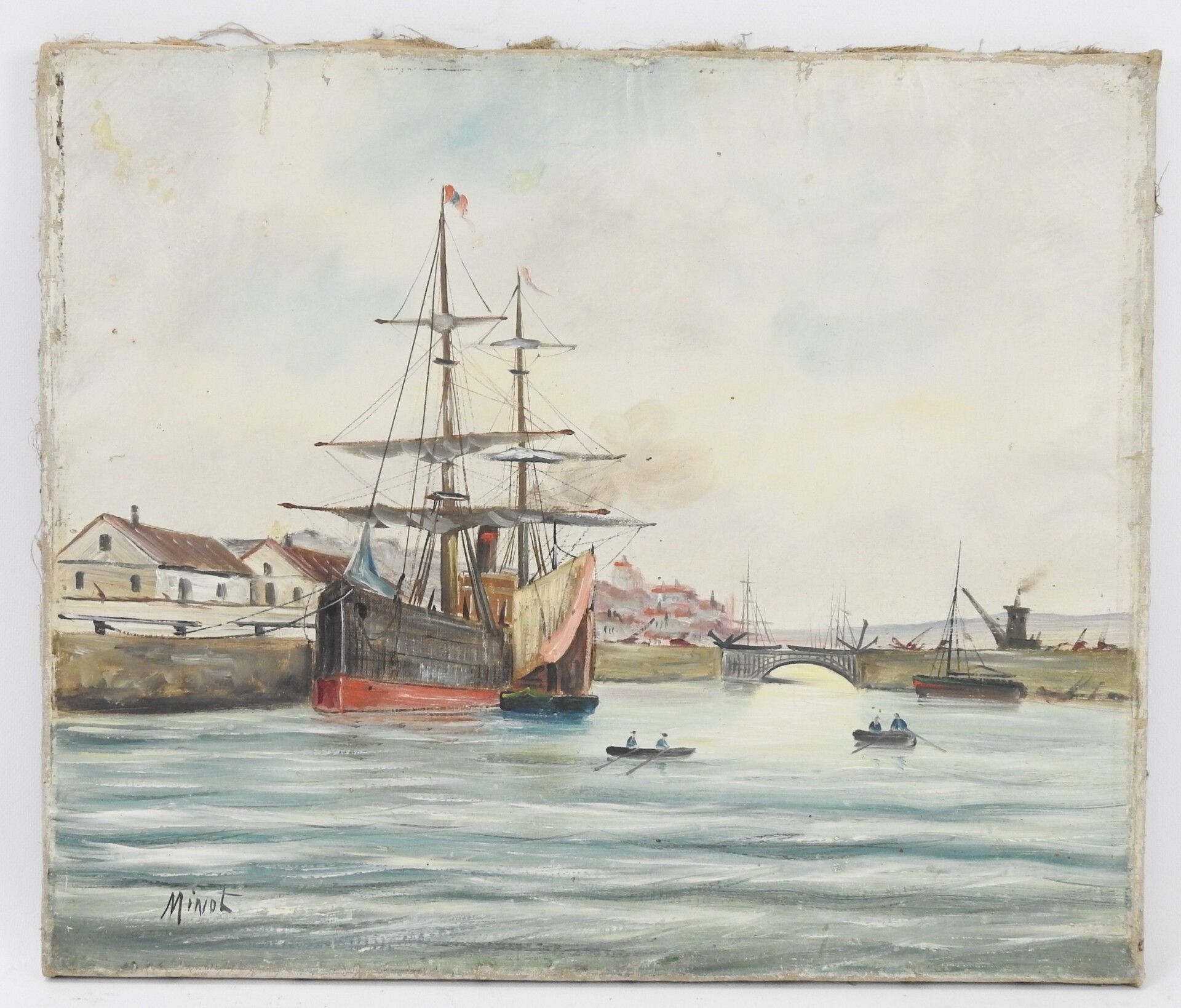 Null MINOT (XIX-XXème). Le port. Huile sur toile. Signé en bas à gauche. 46 x 55&hellip;
