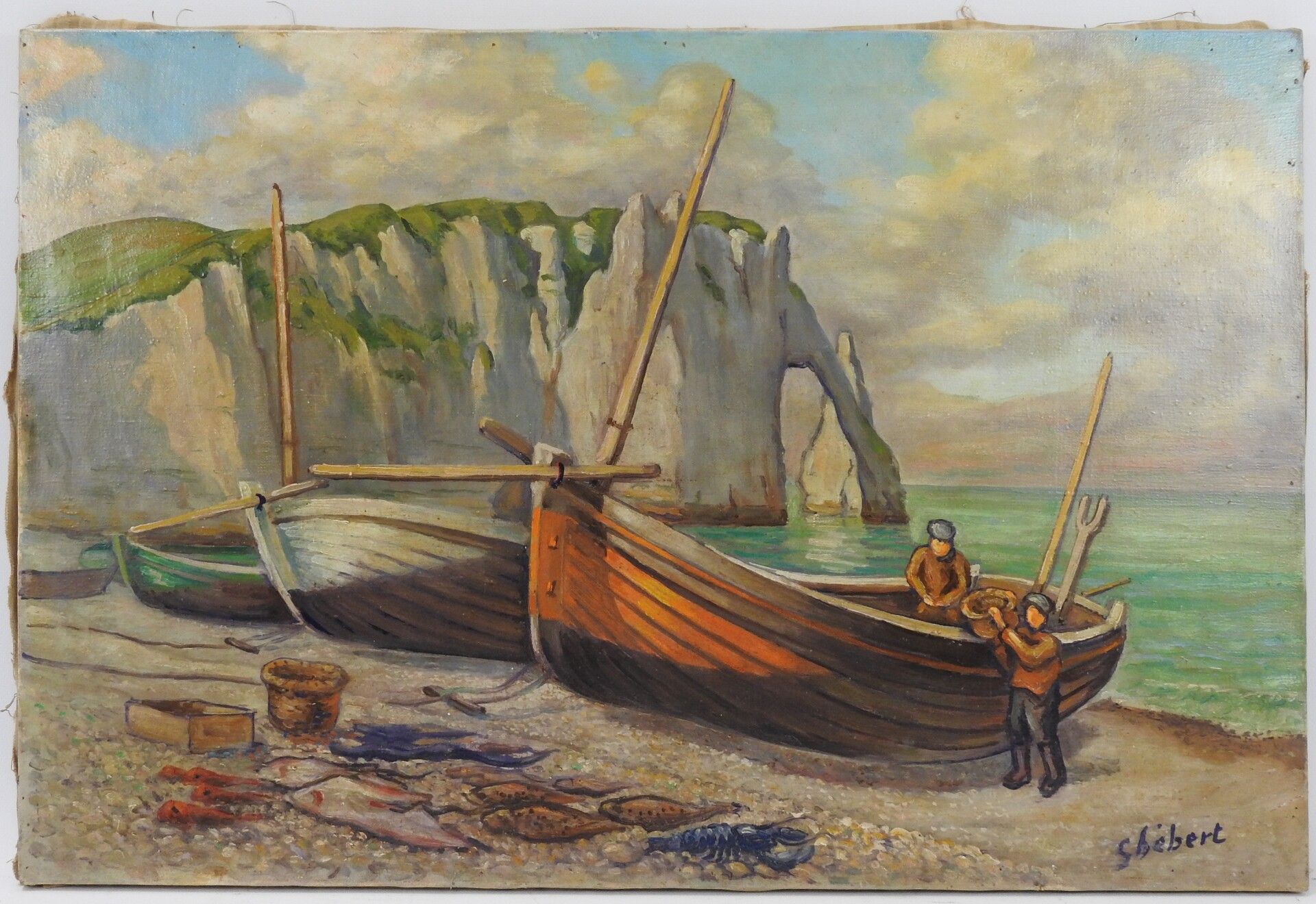 Null S.HEBERT（20岁）。钓鱼归来。布面油画。右下方有签名。54 x 81 cm。