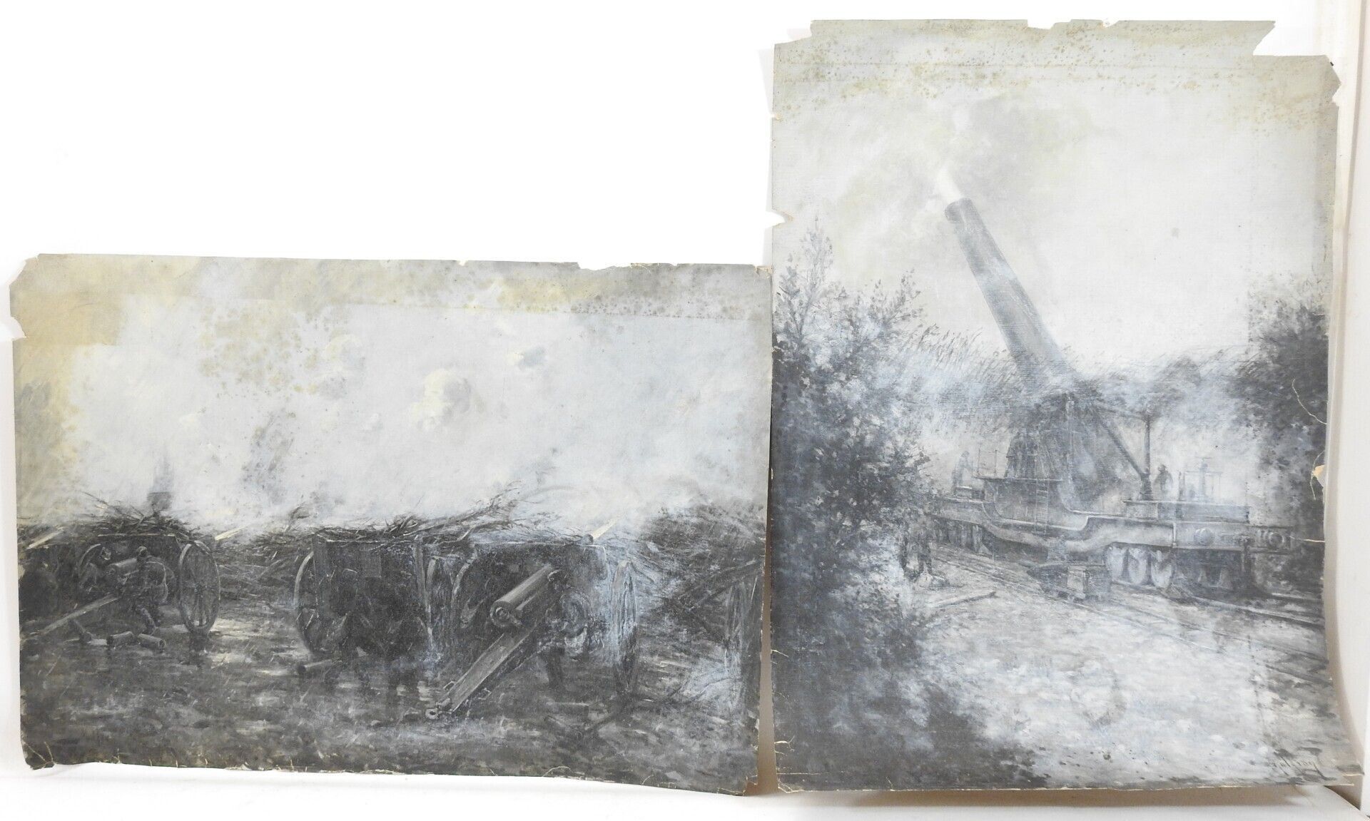 Null 查尔斯-马尔福罗伊（1862-1918）。阿图瓦的炮兵准备工作和铁路上的520毫米榴弹炮。两幅粉彩画。签名。50 x 72厘米和52 x 72厘米。撕&hellip;