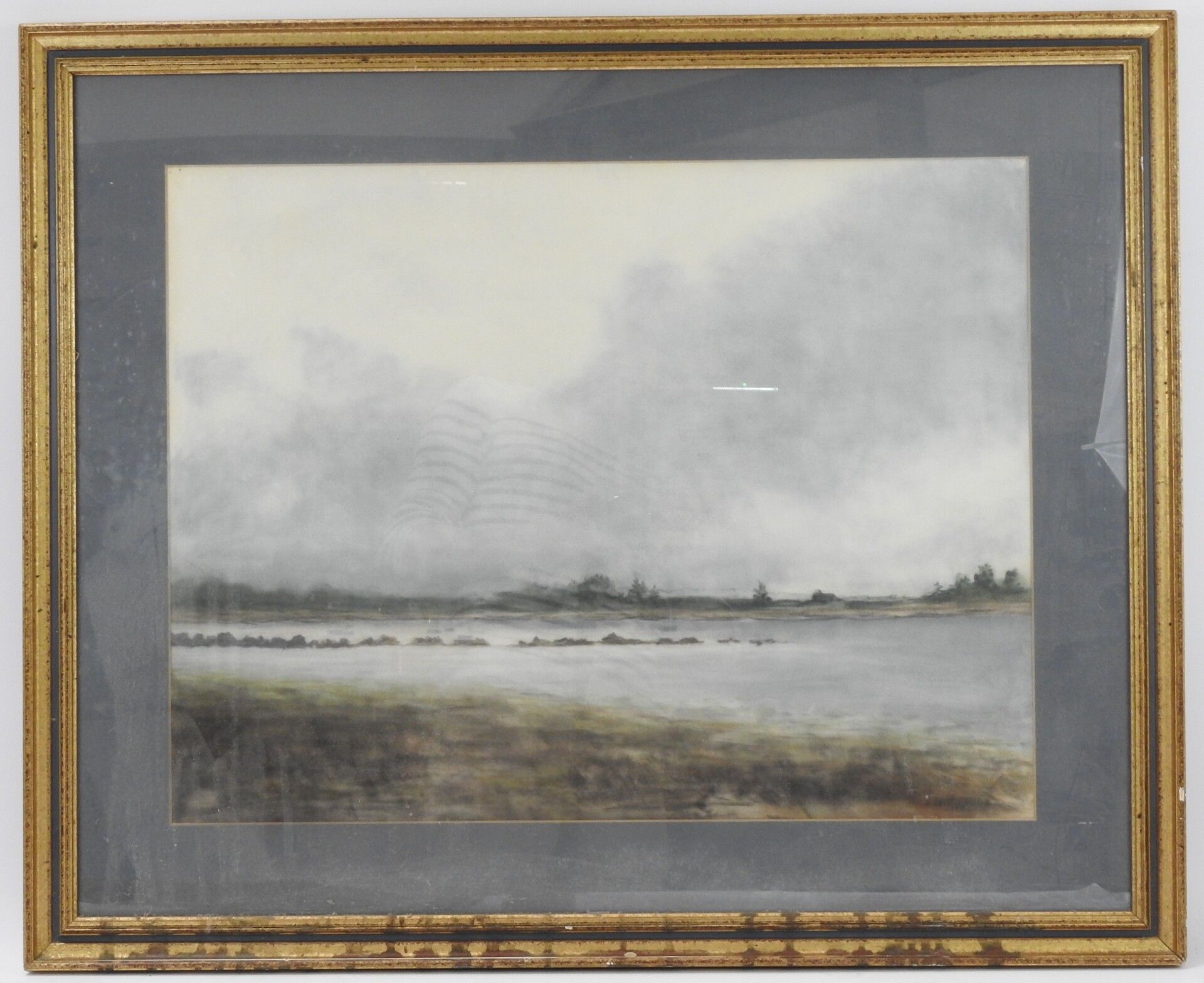 Null 河岸。水彩画。右下角有签名，有待破译和日期。49 x 64厘米。