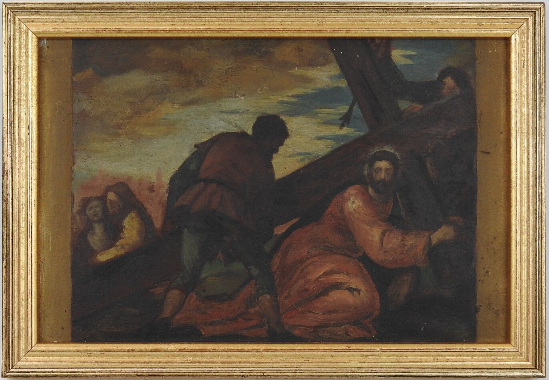 Null 亨利-索维吉（1873-1932）。基督倒在十字架的重压之下。板上油彩。无符号。15,5 x 23,5厘米。