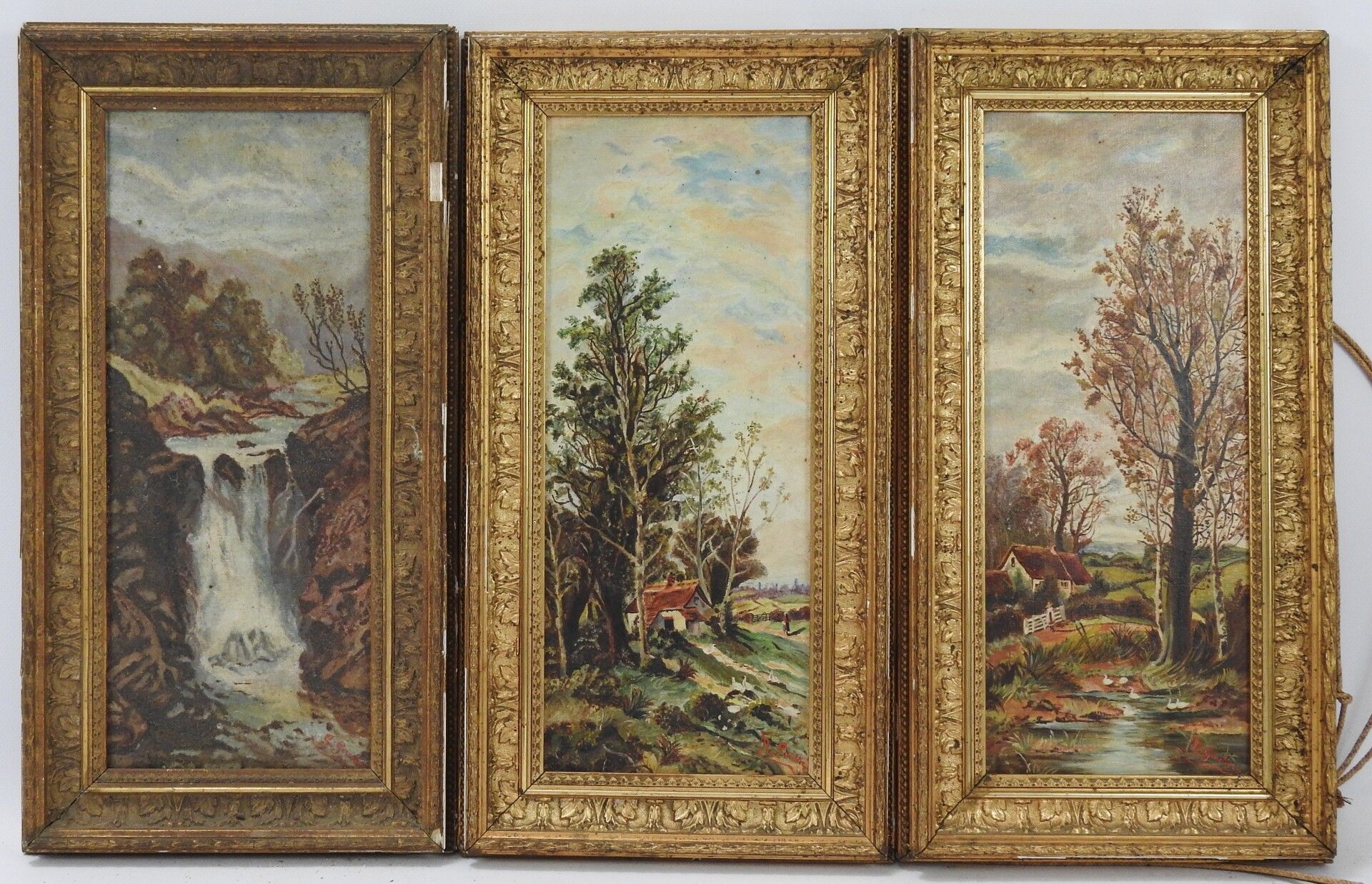 Null M. GAUTHIER (XIXème). Trois huiles sur toiles, paysages. Signé. 39 x 16 cm.