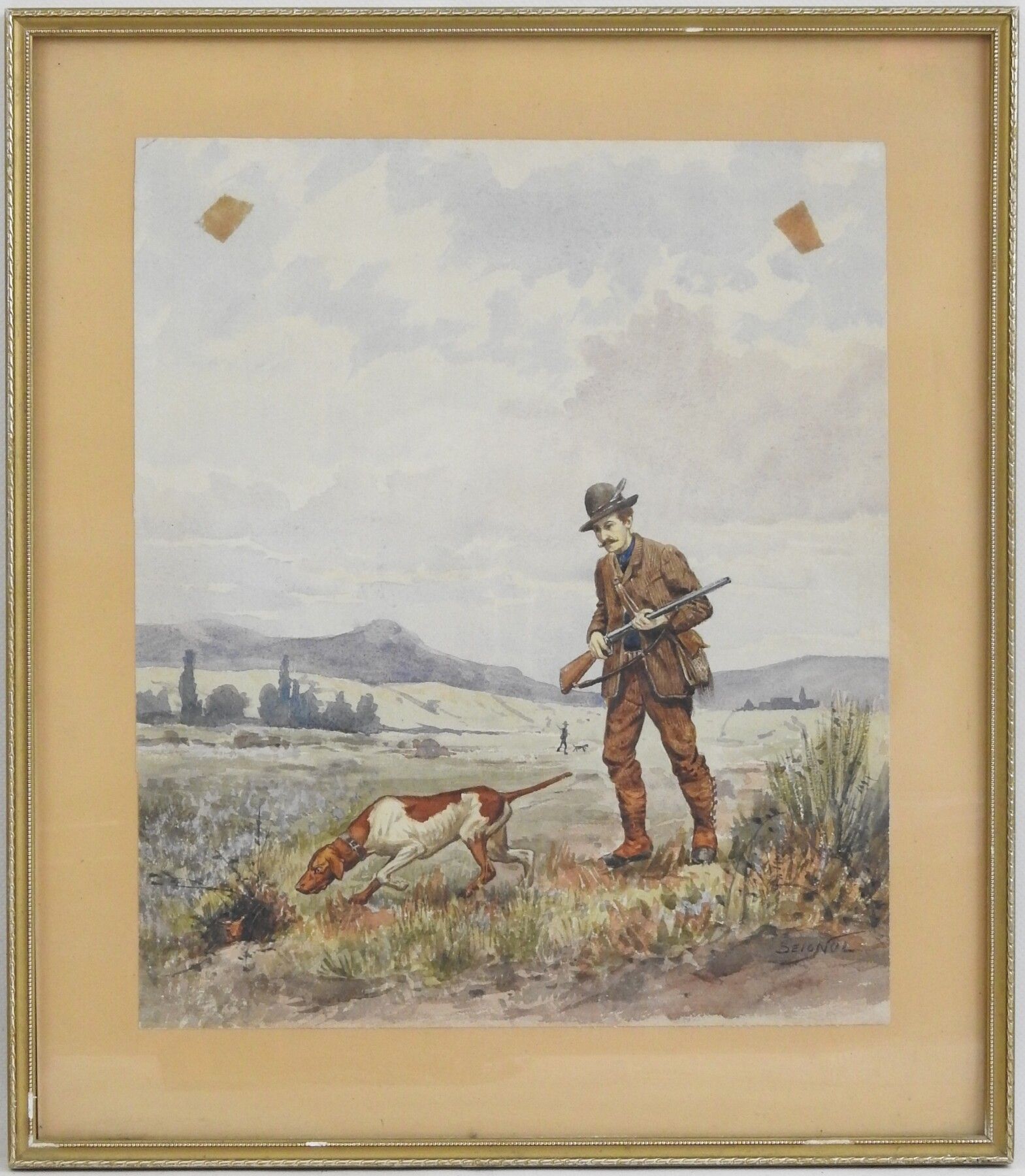 Null Claudius SEIGNOL (1858-1926) : Chasseur à tir et son chien à l'arrêt. Aquar&hellip;