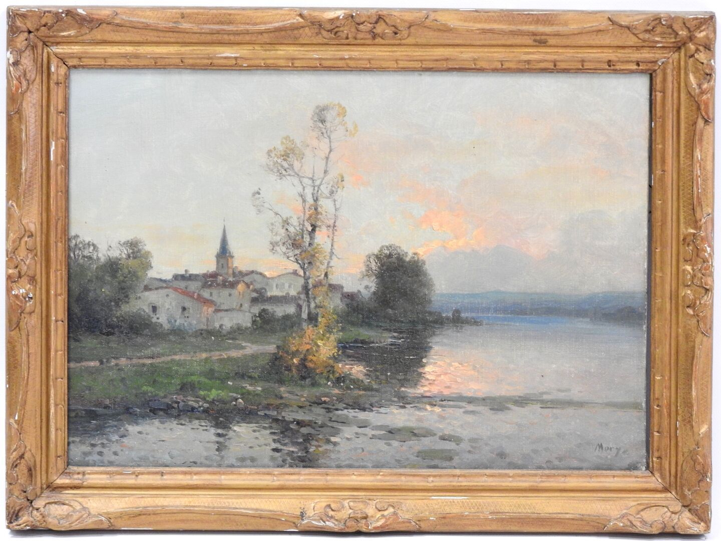 Null 
 MORY - XX th




Village on the edge of a lake at dusk.




Oil on canvas&hellip;