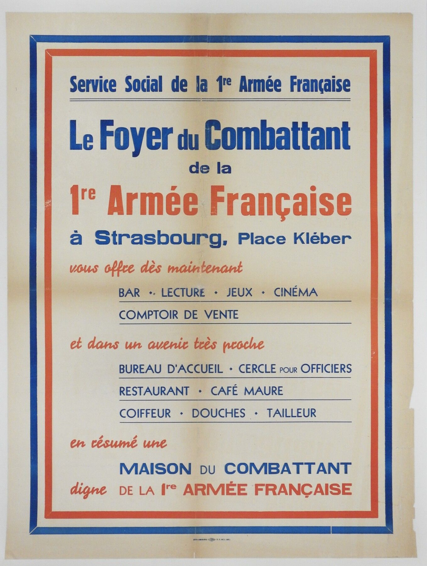 Null AFFICHE. "Foyer du combattant de la 1ére armée française de Strasbourg". 19&hellip;