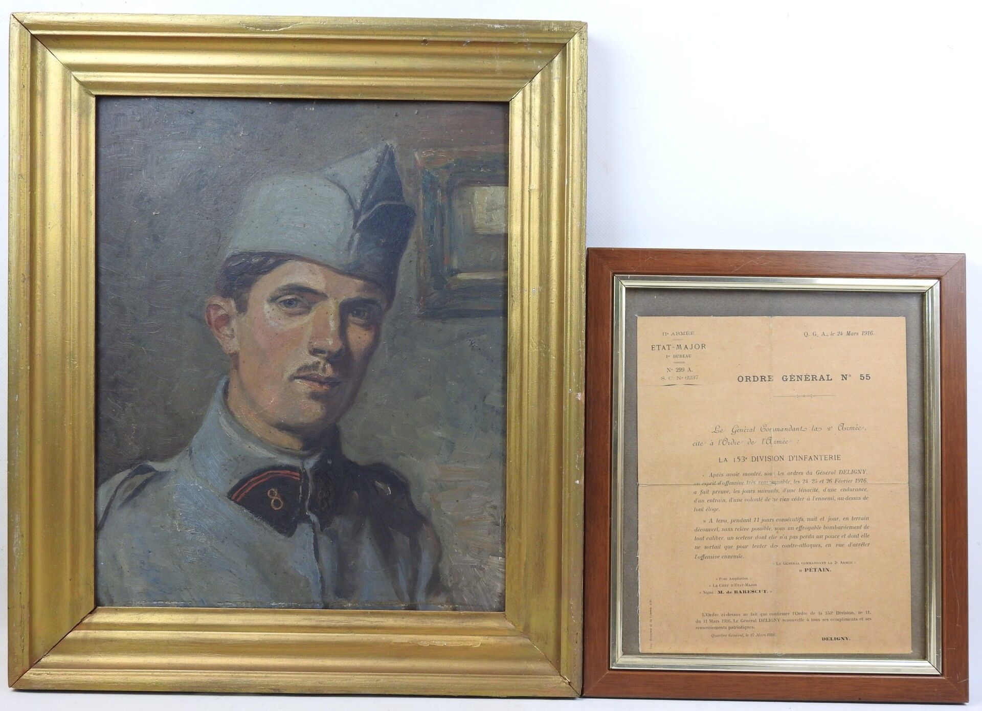 Null ANONYME. Portrait d'un soldat du 8e Génie vers 1918. Huile sur carton, cadr&hellip;