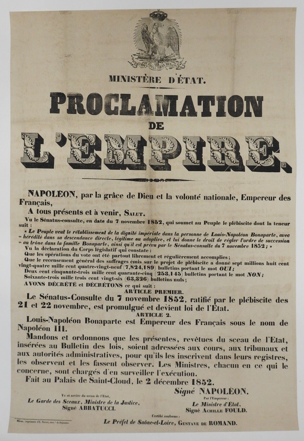 Null AFFICHE. Proclamation de l'Empire, signé Napoléon, 1852, imp. E. Protat, en&hellip;