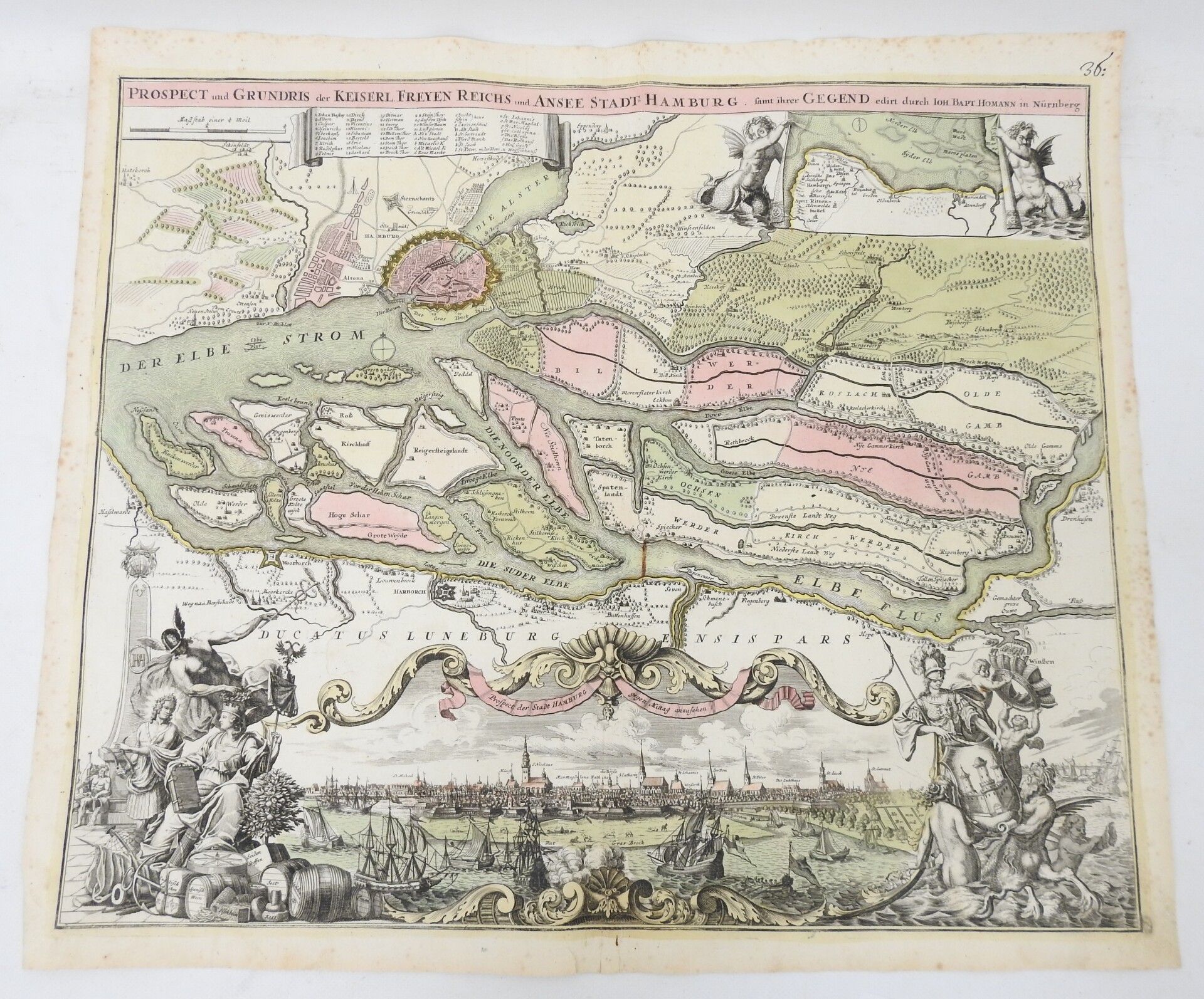 Null CARTE XVIIIème : Johann HOMANN (1664-1724) : plan et vue de Hamburg. Gravur&hellip;