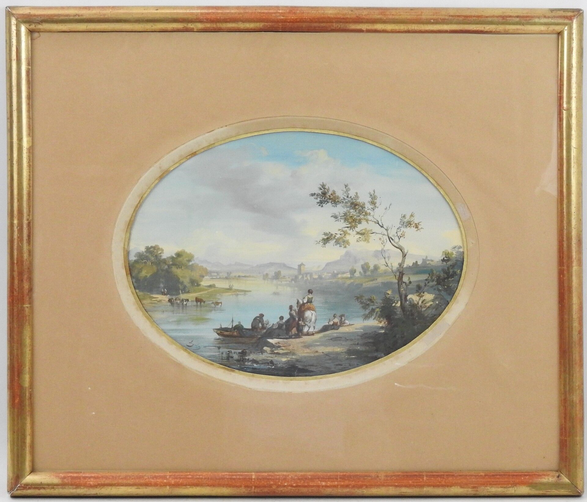 Null Marius ENGALIERE (1824-1857) : Paysage animé au lac. Gouache à vue ovale. S&hellip;