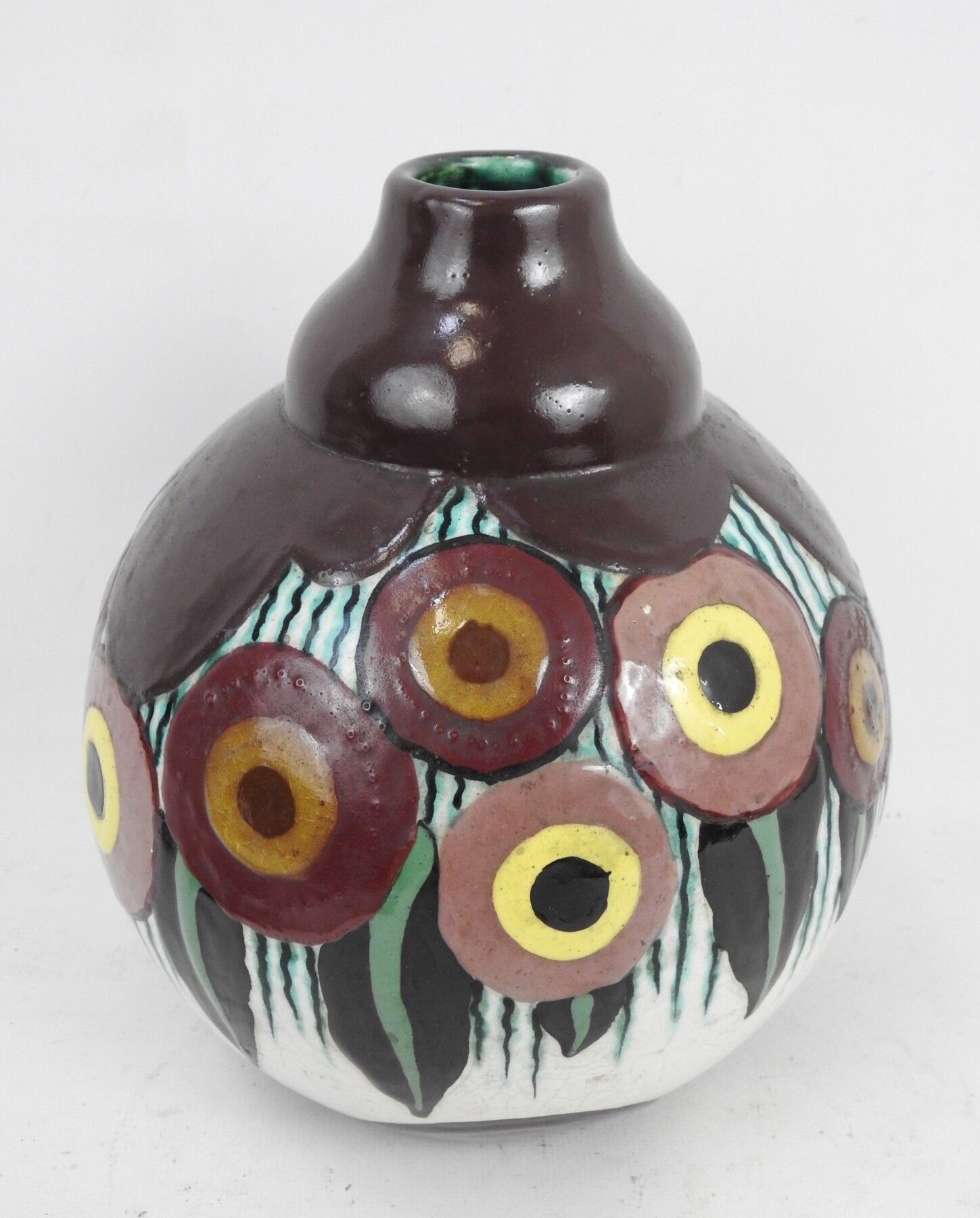 Null D'ARGYL : Vase boule en faïence de style Art déco à décor de ronds polychro&hellip;