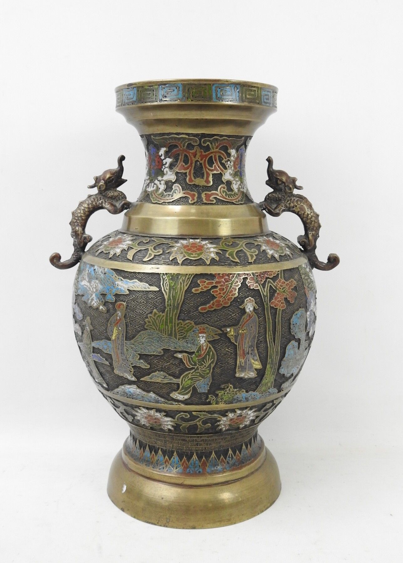 Null JAPON : Vase en bronze et émaux cloisonnés formant des personnages dans un &hellip;