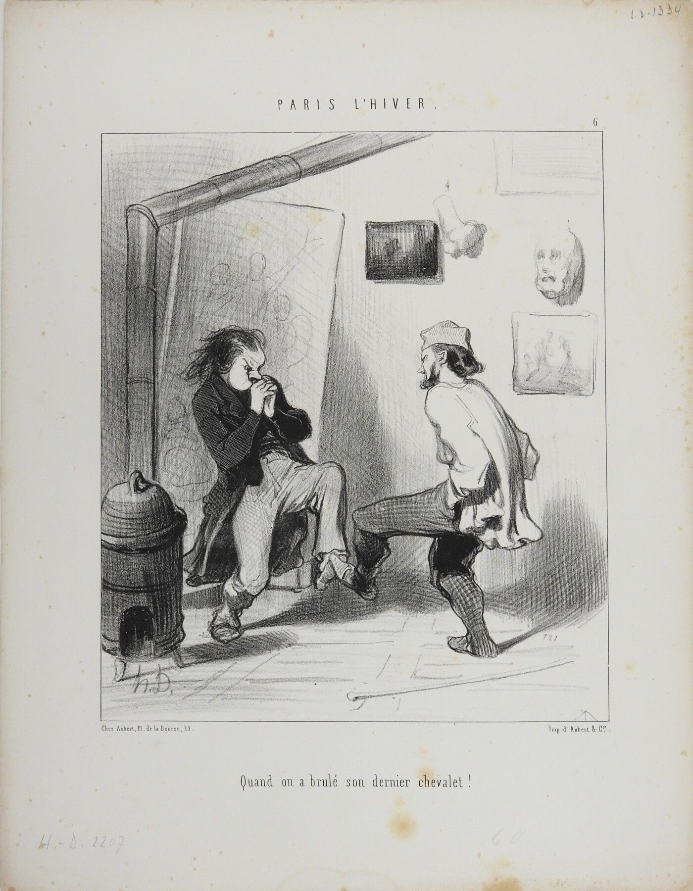 Null Honoré DAUMIER (1808-1879): 当一个人烧掉他最后的画架时!石版画。奥贝特印制。发表于1845年2月8日，巴黎的冬天。2张中的&hellip;