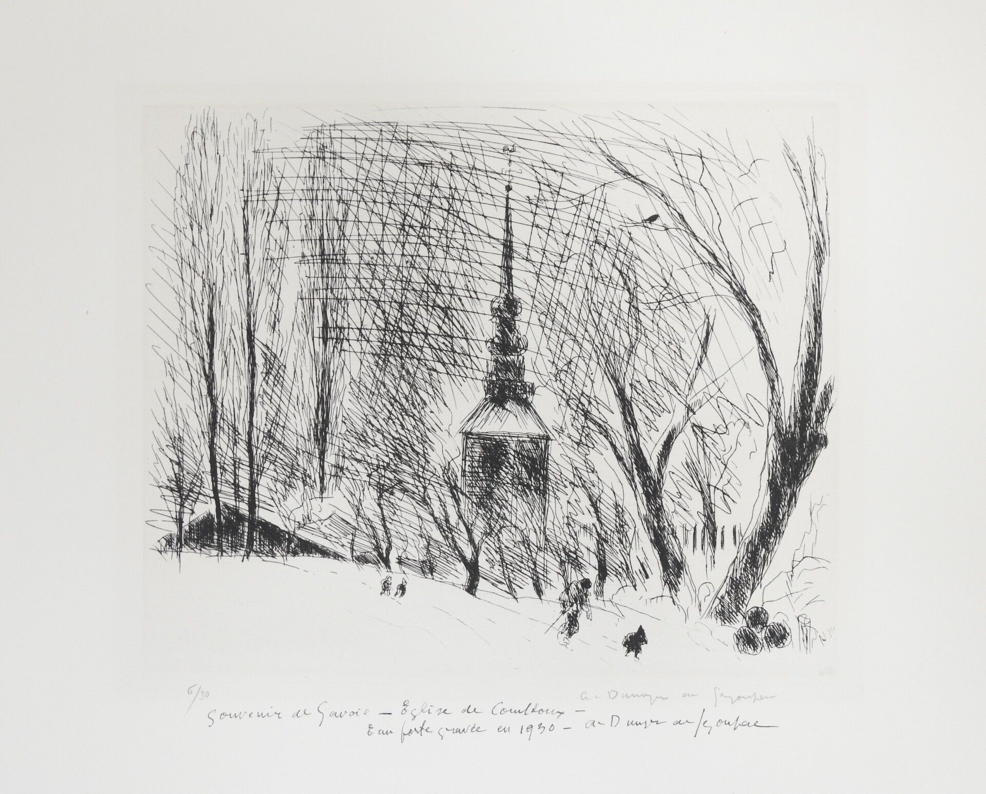 Null André DUNOYER DE SEGONZAC (1884-1974): 萨瓦的Combloux教堂。蚀刻。右下方有签名和会签。题目是。编号为6/&hellip;