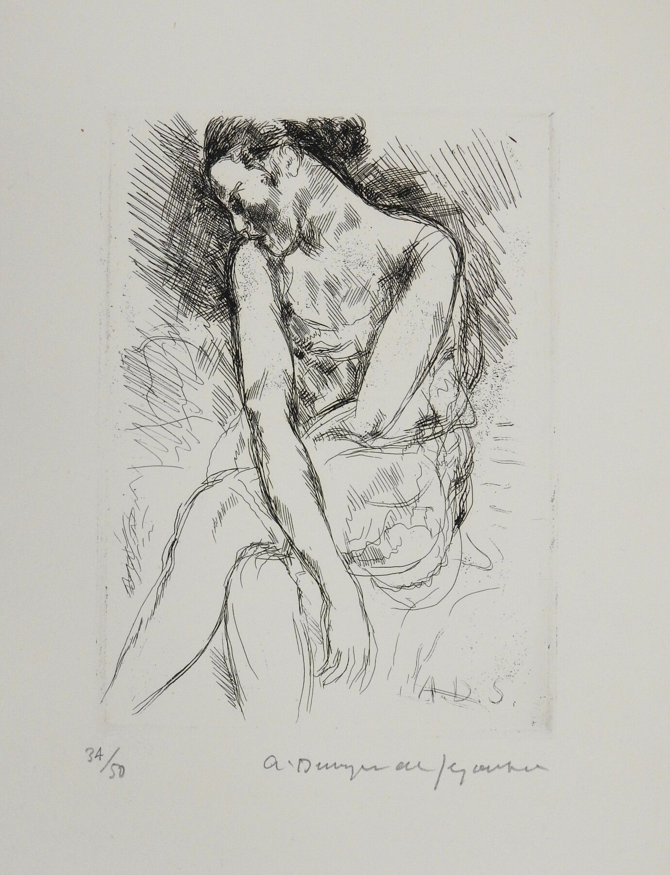 Null André DUNOYER DE SEGONZAC (1884-1974) : Femme assise semblant rêver. Eau-fo&hellip;