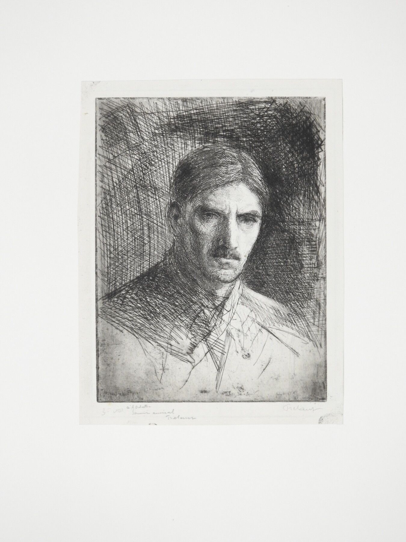 Null Jean FRELAUT (1879-1954)：艺术家的肖像。蚀刻。右下方有签名。发送给A。Delattre.27 x 21,5 cm。