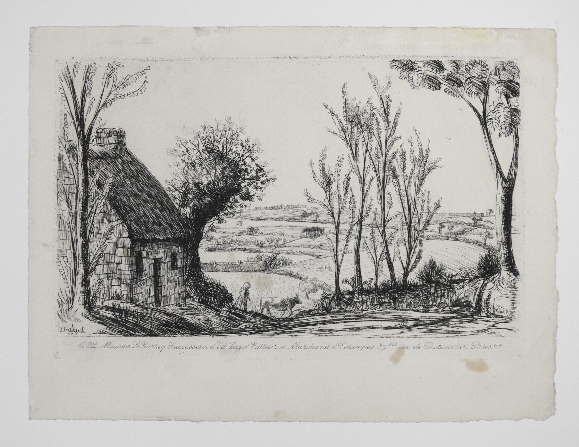 Null Jean FRELAUT (1879-1954) : Thatched cottage. Etching. Signed in the plate. &hellip;