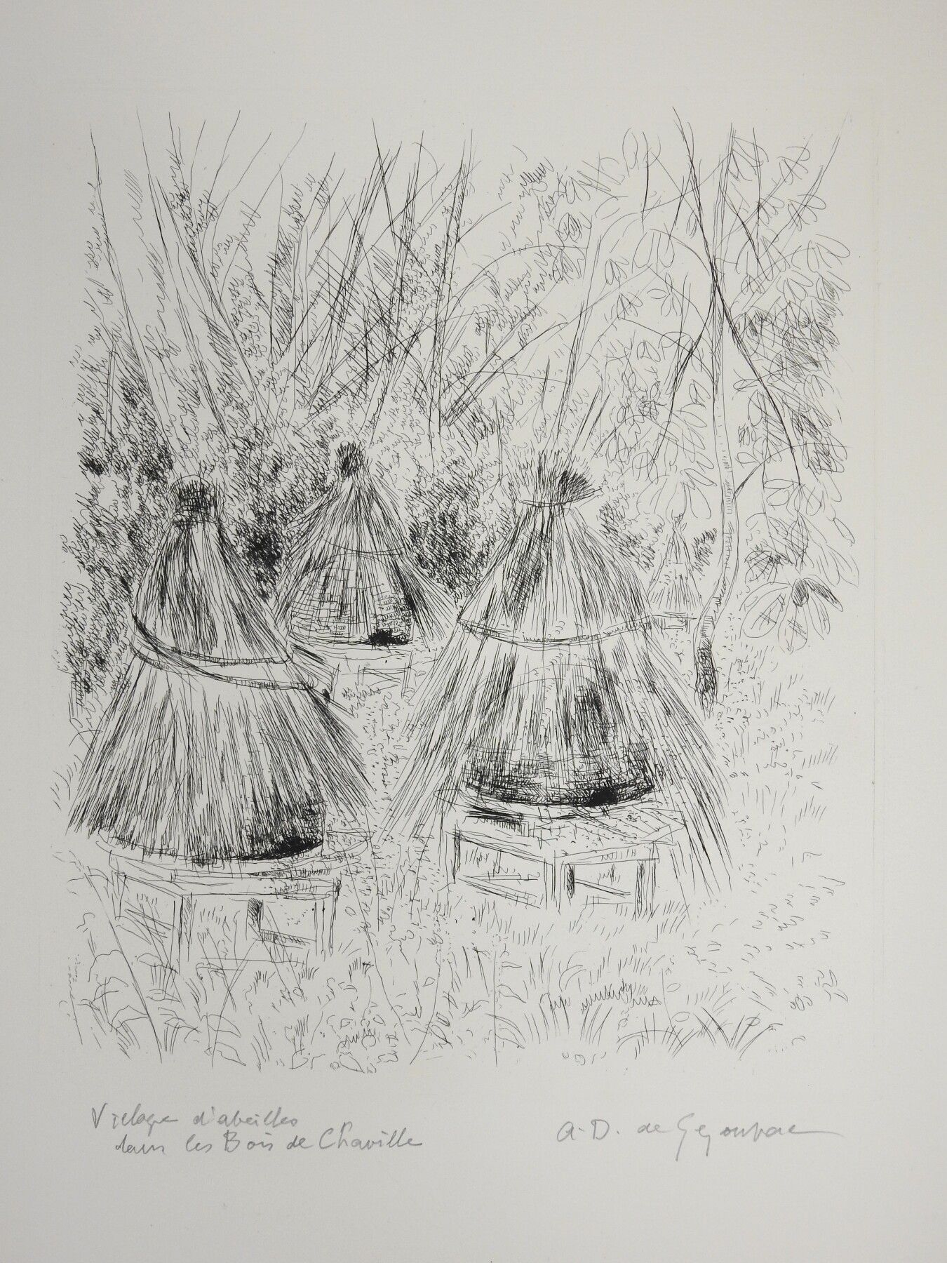 Null André DUNOYER DE SEGONZAC (1884-1974): 沙维尔森林里的蜜蜂村。蚀刻。右下方有签名。题目是。45,5 x 34 厘&hellip;