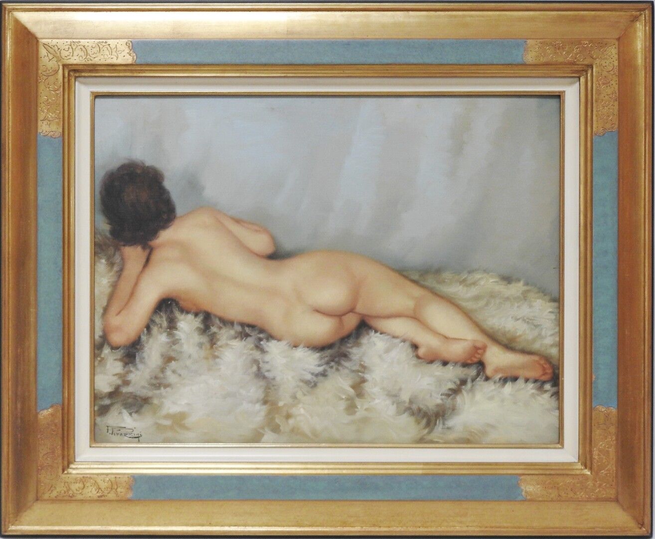 Null Fortuné PIRAZZINI - 20世纪

带皮草的裸体

布面油画，左下方有签名，背面有标题。带着展览标签的一部分

45.5 x 65.5&hellip;