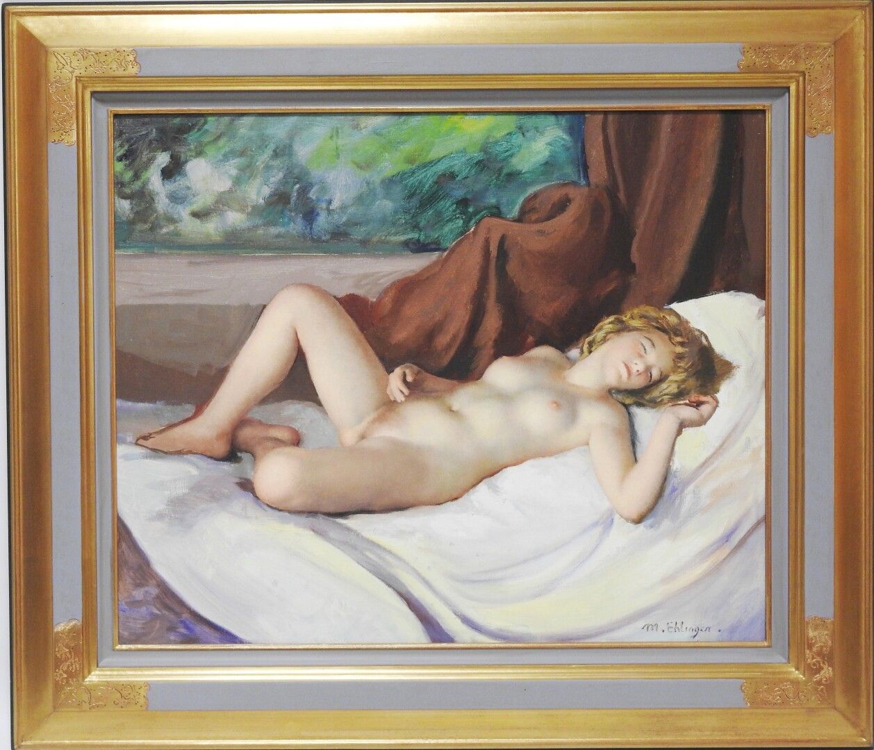 Null 莫里斯-埃林格 (1896 - 1981)

夏天的花园里的裸体

布面油画，右下角有签名

60 x 73 cm