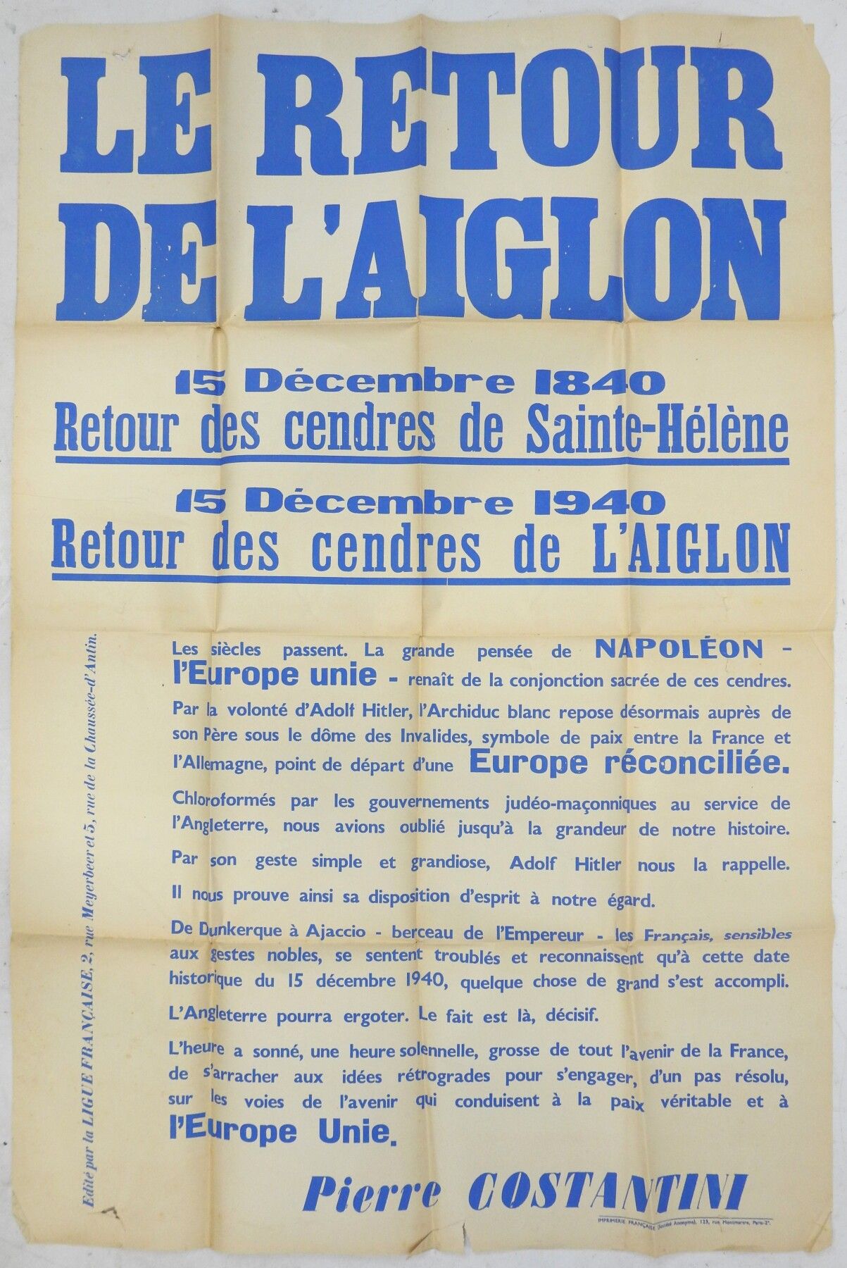 Null AFFICHE. Régime de VICHY. "Le retour de l'Aiglon - 15 décembre 1840 - 15 dé&hellip;