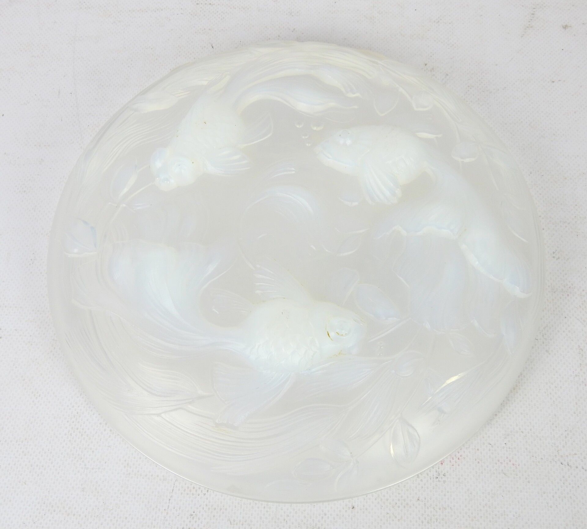 Null SCHALE aus gepresstem, geformtem Glas mit Fischdekor. 5,5 x 26,5 cm.