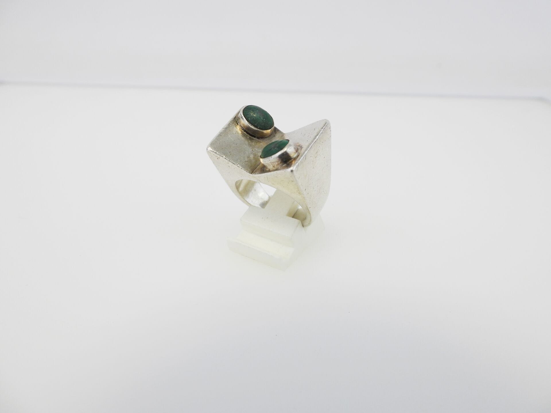 Null Modernist silver ring with two malachites