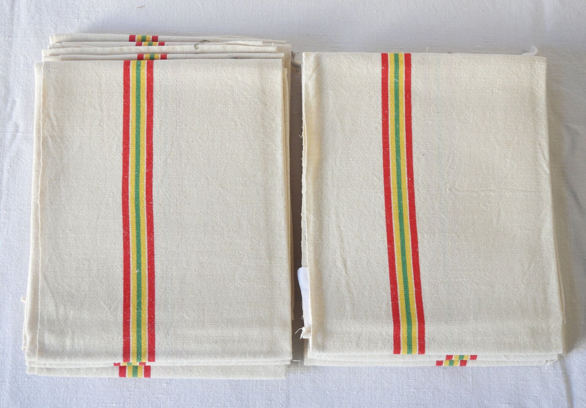 Null Ten Yellow - Green - Red striped tea towels.
